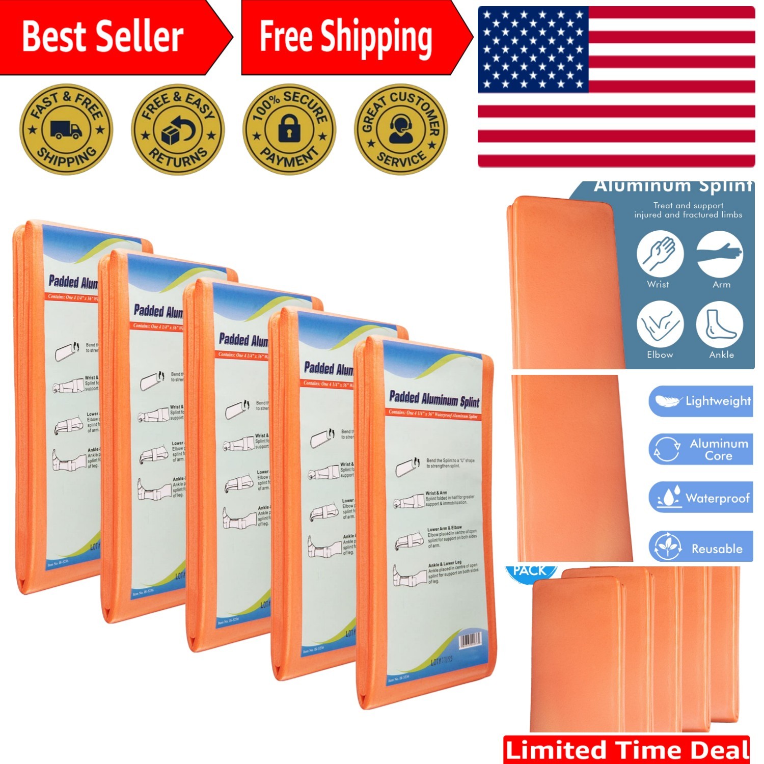 Pack of 5 Waterproof Padded Aluminum Splints – 36 inch for Injury Support