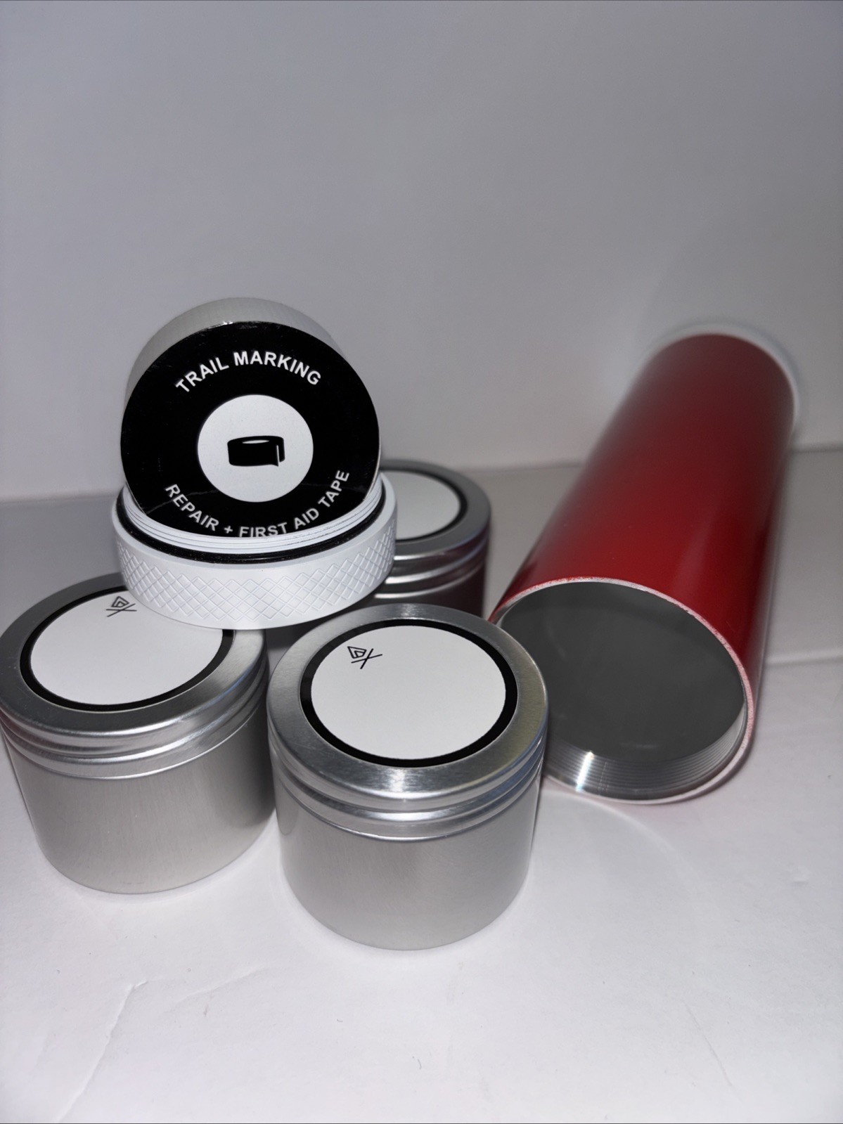VSSL Mini First Aid Stash Aluminum Cylinder, End Caps, 3 Storage Bins & Tape
