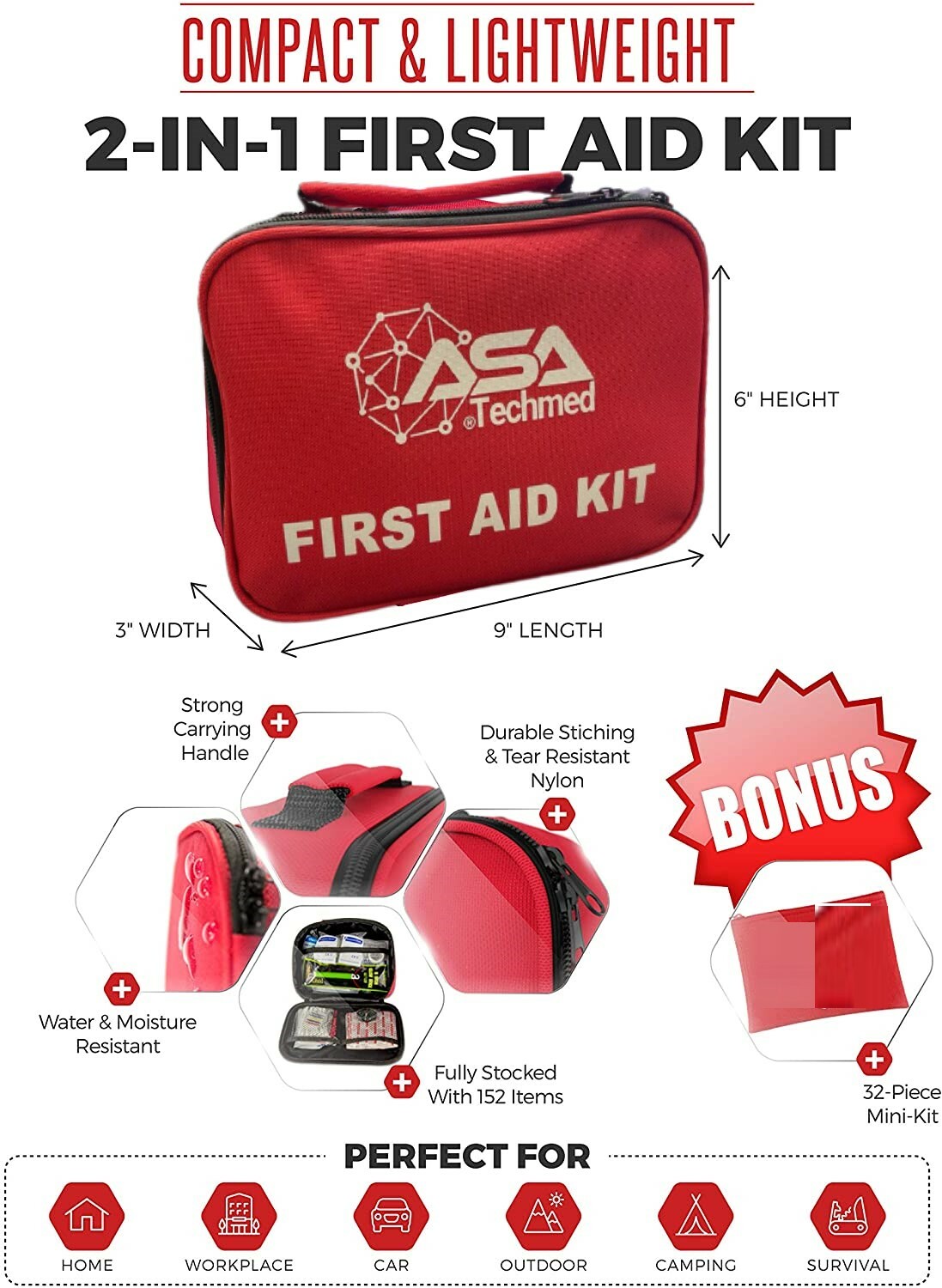 2-in-1 First Aid Kit (120 Piece) Pieces First Aid Kit Compact, Lightweight
