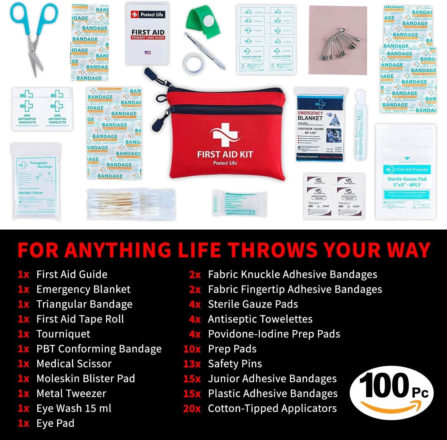 100 Piece First Aid Kit Compact Waterproof Hard Case Car Home Camping Hiking