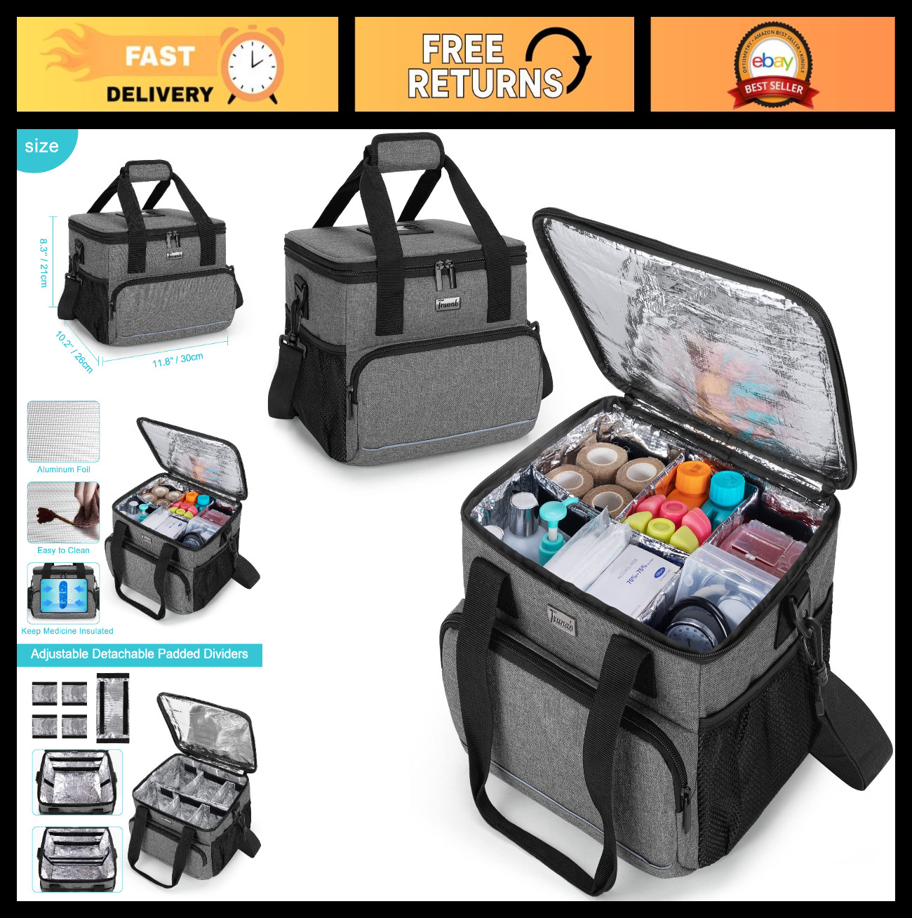 Insulated Medical Supply Bag with Adjustable Dividers – Water-Resistant Travel &
