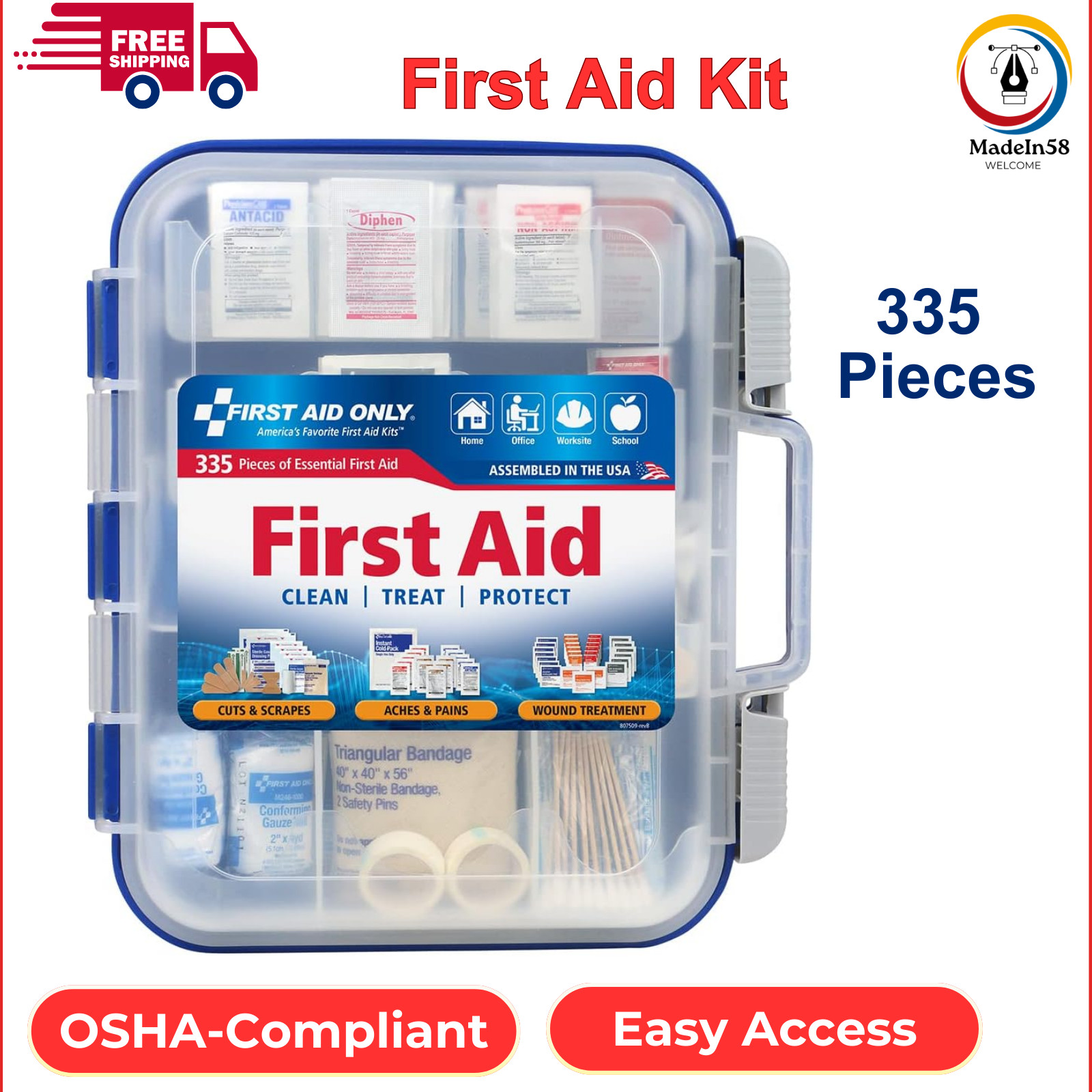 First Aid Only 335 Piece First Aid Kit, OSHA Compliant, All-Purpose 100-Person