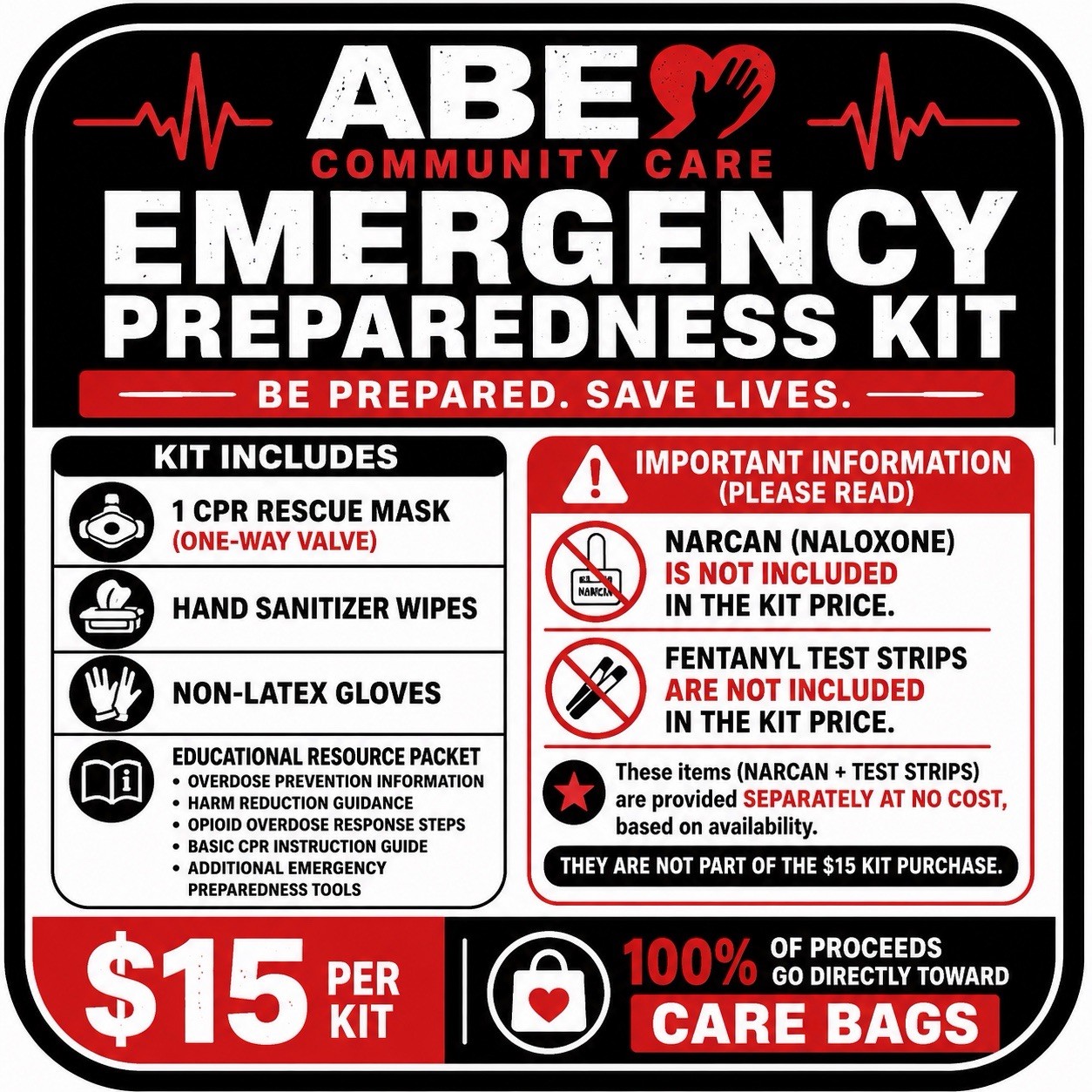 ABE Community Care Portable Emergency Preparedness Kit w/ CPR Mask, Wipes