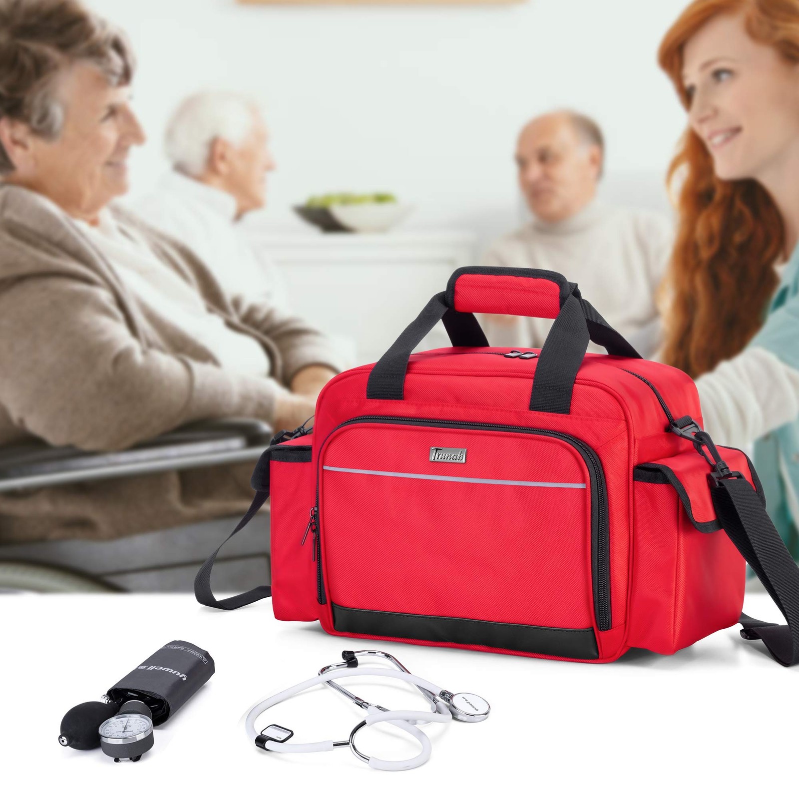 Trunab Home Health Nurse Bag Empty, Portable Medical 1 Count (Pack of 1), Red