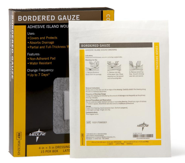 Medline Sterile Bordered Gauze Adhesive Island Wound Dressing 4" x 5" Box of 15