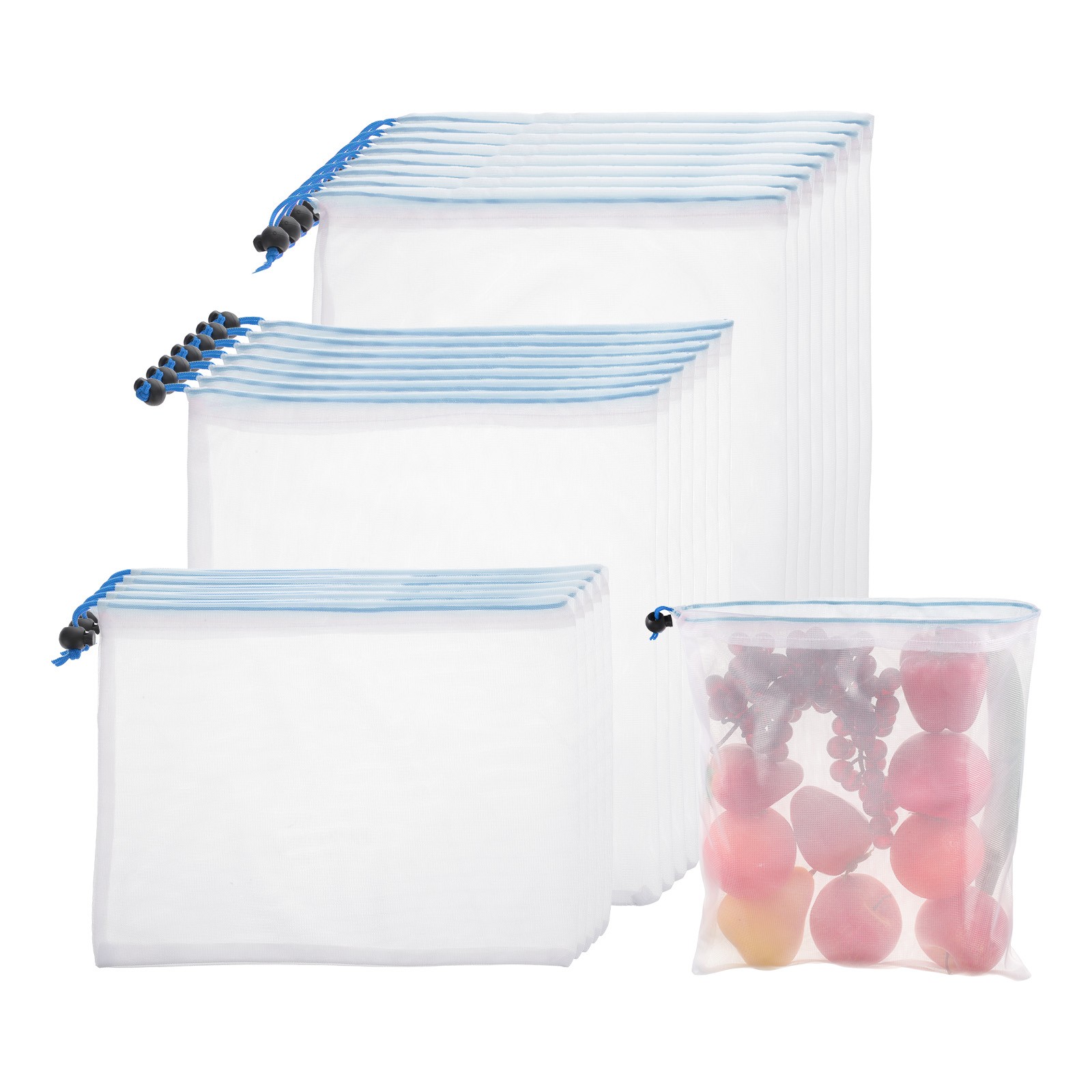 Reusable Mesh Produce Storage Bags Washable Bag (Set of 20Pcs,White and Blue)