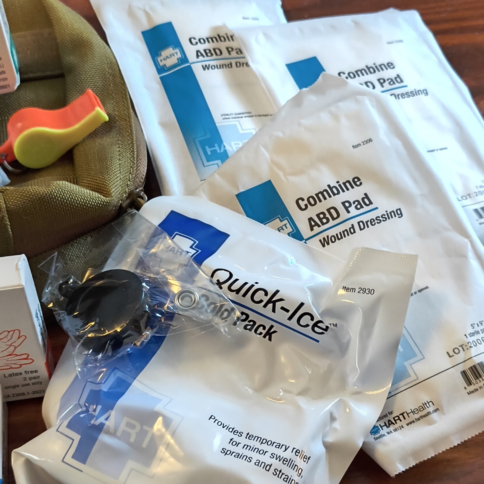 HART Portable First Aid Set Green Bag w/ Eye Wash, Gloves, Wipes, ABD, Cold Pack