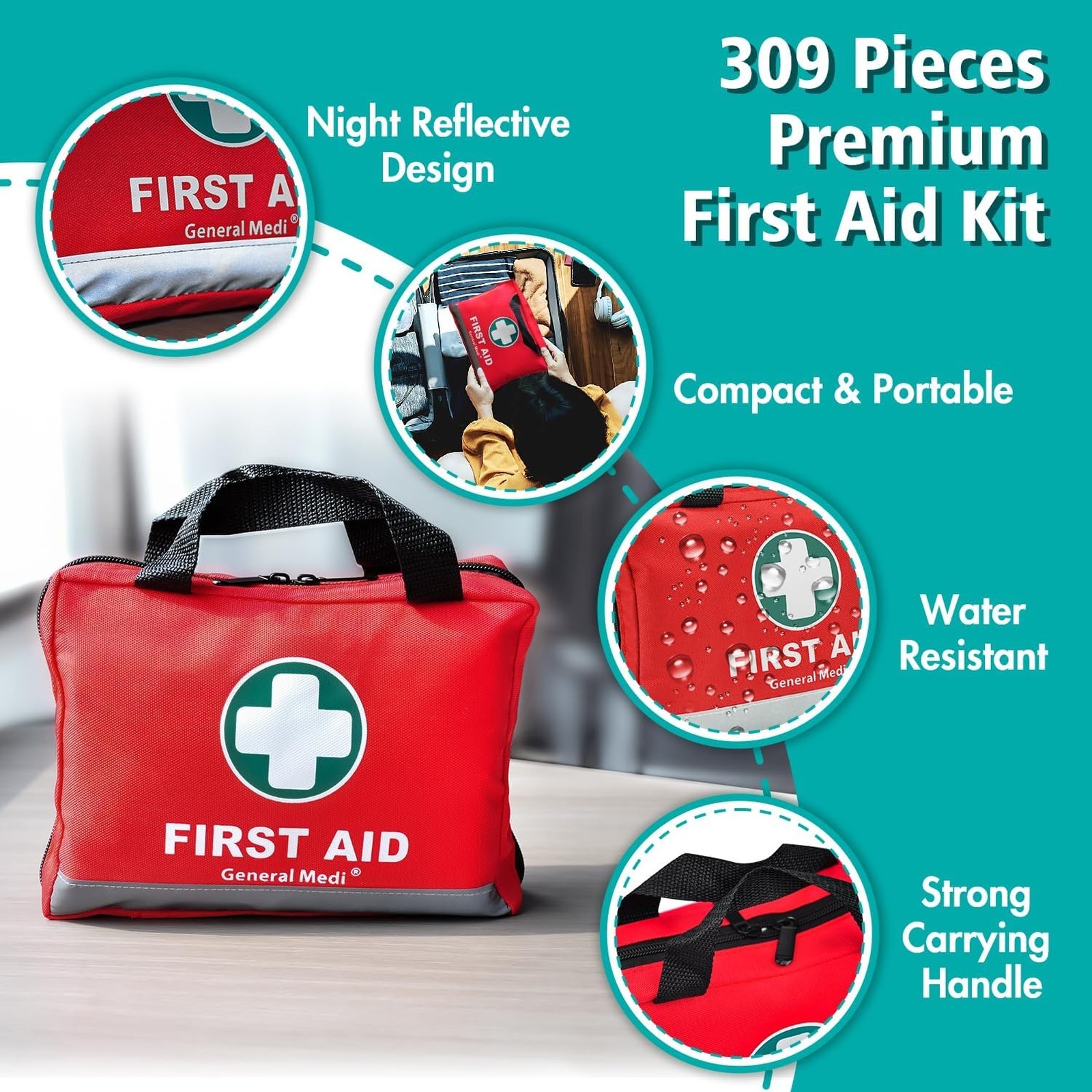 First Aid Kit 309 Pieces Reflective Bag Emergency Supplies Bandages Moleskin