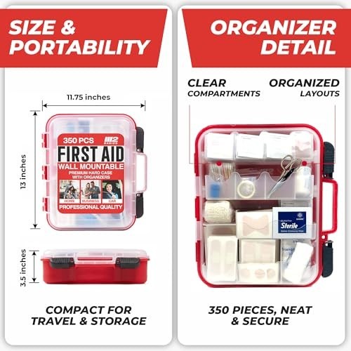 350-Piece First Aid Kit – Wall Mount Hard Case, Dual Layer for Office, Home, Car