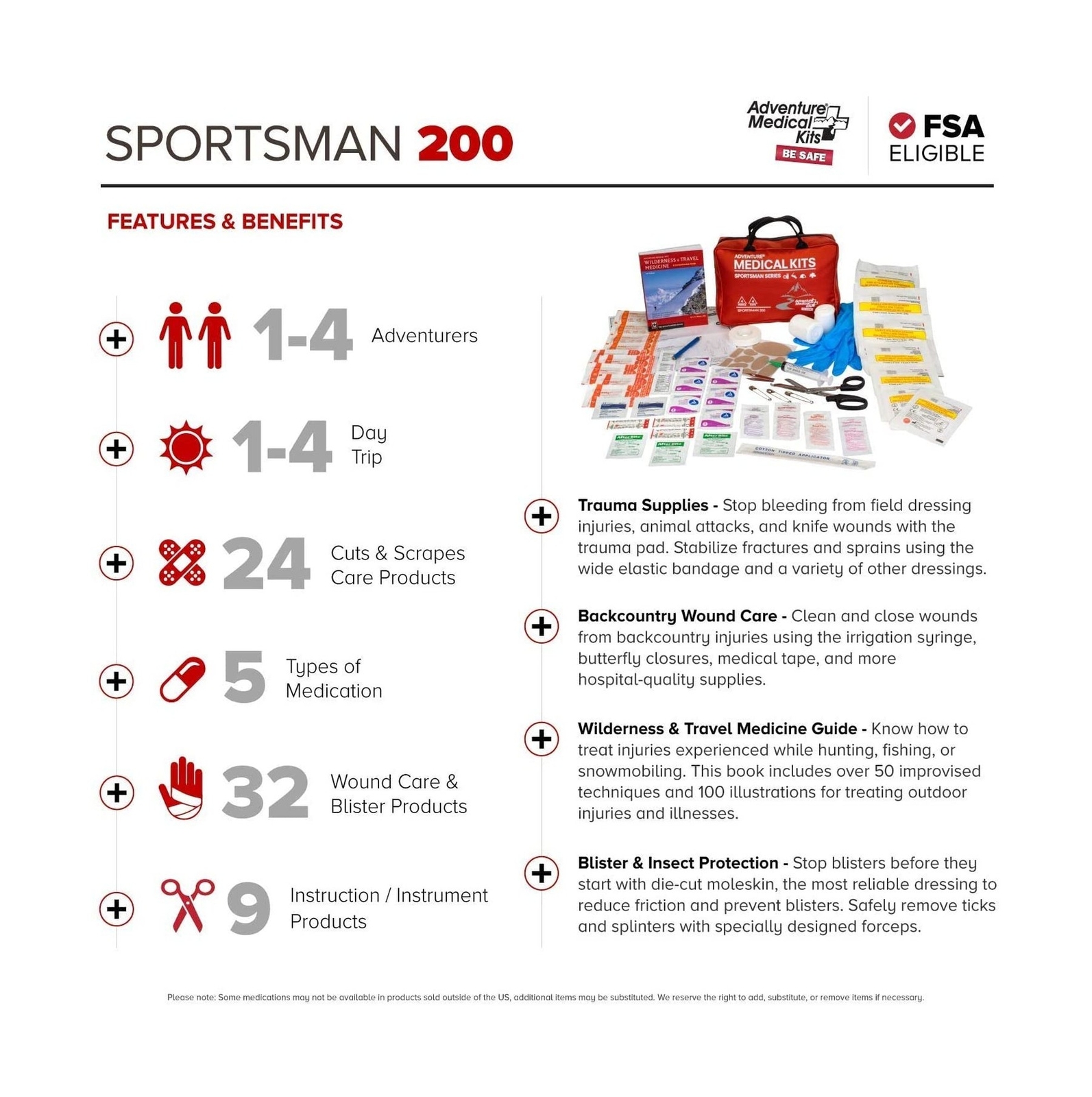 Adventure Medical Kits Sportsman Series 200 Outdoor First Aid Kit – 82 Pieces