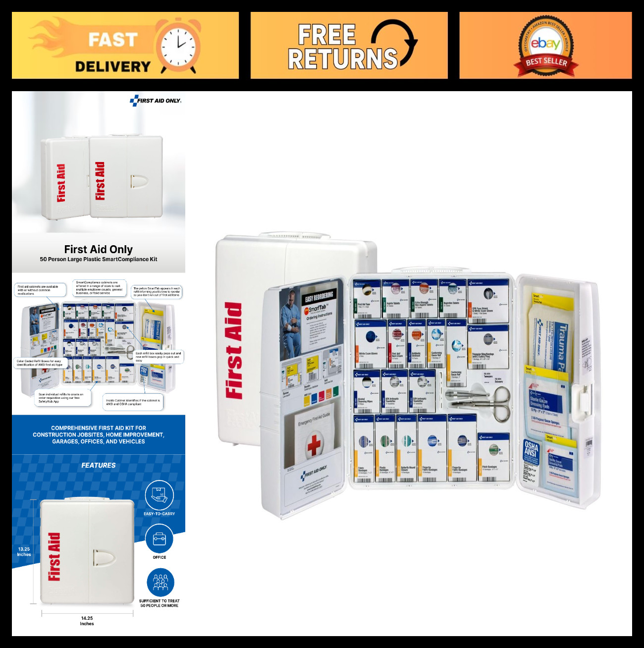 OSHA Compliant 50-Person First Aid Kit – Large Plastic Cabinet, 245 Pieces, Medi