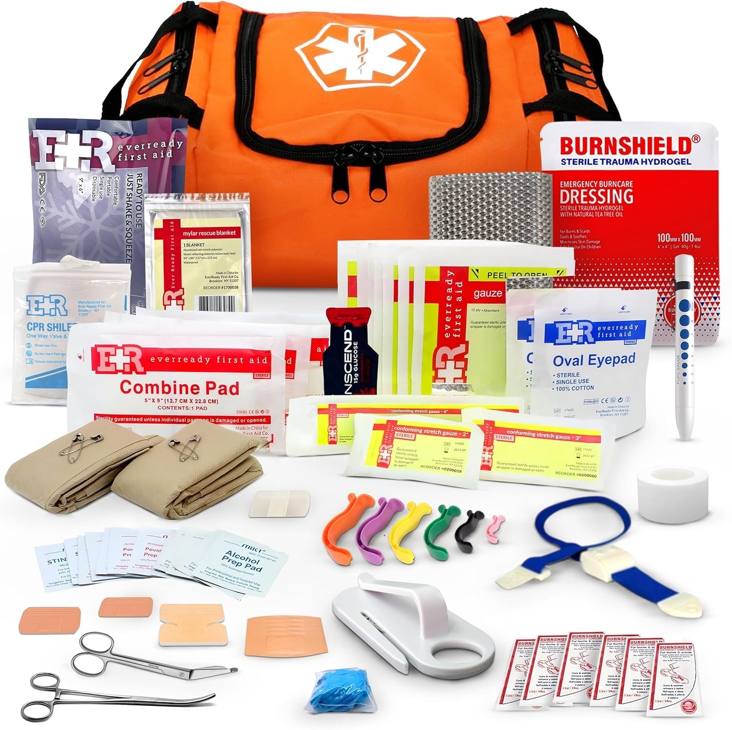 Fully Stocked Trauma First Aid Kit – First Responder II Bag with Tools, Gauze, B