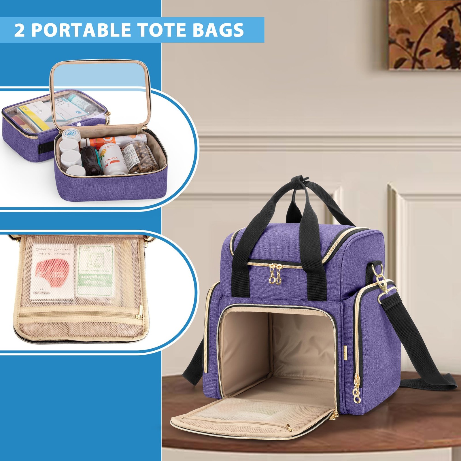 Large Medicine Bag with 2 Removable Cases, Medicine Storage Bag with Multiple…
