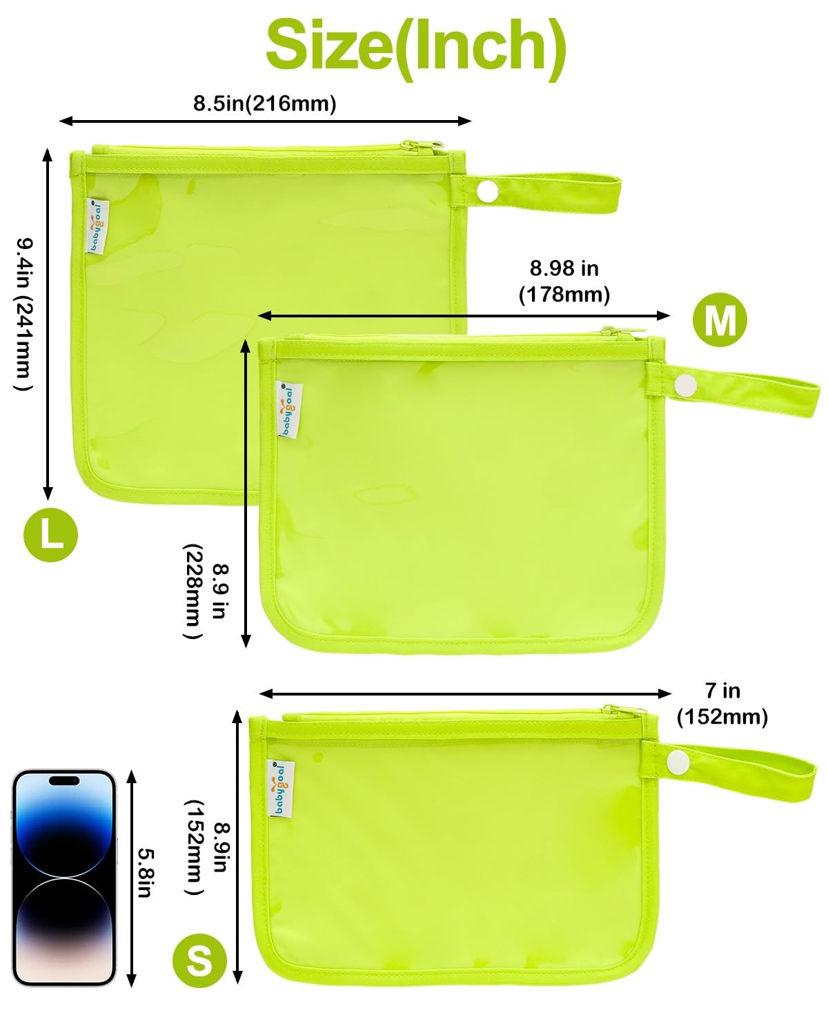 babygoal Clear Travel Organizer Bags 3 Pack, TSA Approved Fluorescent Green
