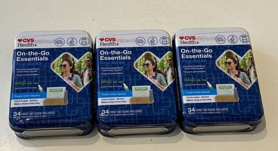 3 PACK CVS ON THE GO FIRST AID KIT 34 PIECE KIT +FIRST AID GUIDE Metal Case NEW