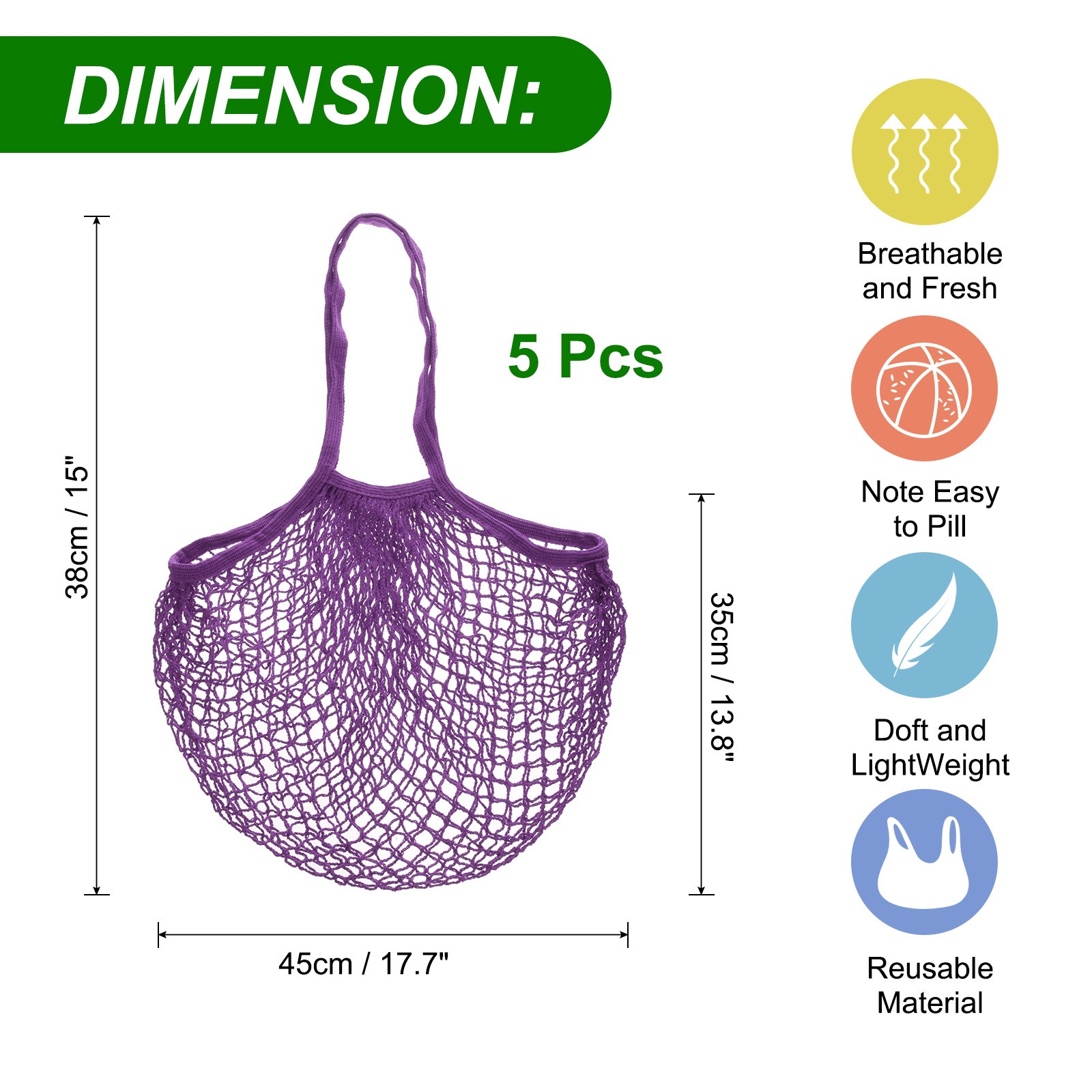 Reusable Mesh Produce Storage Bags Washable Portable Bag (Set of 5Pcs,Purple)