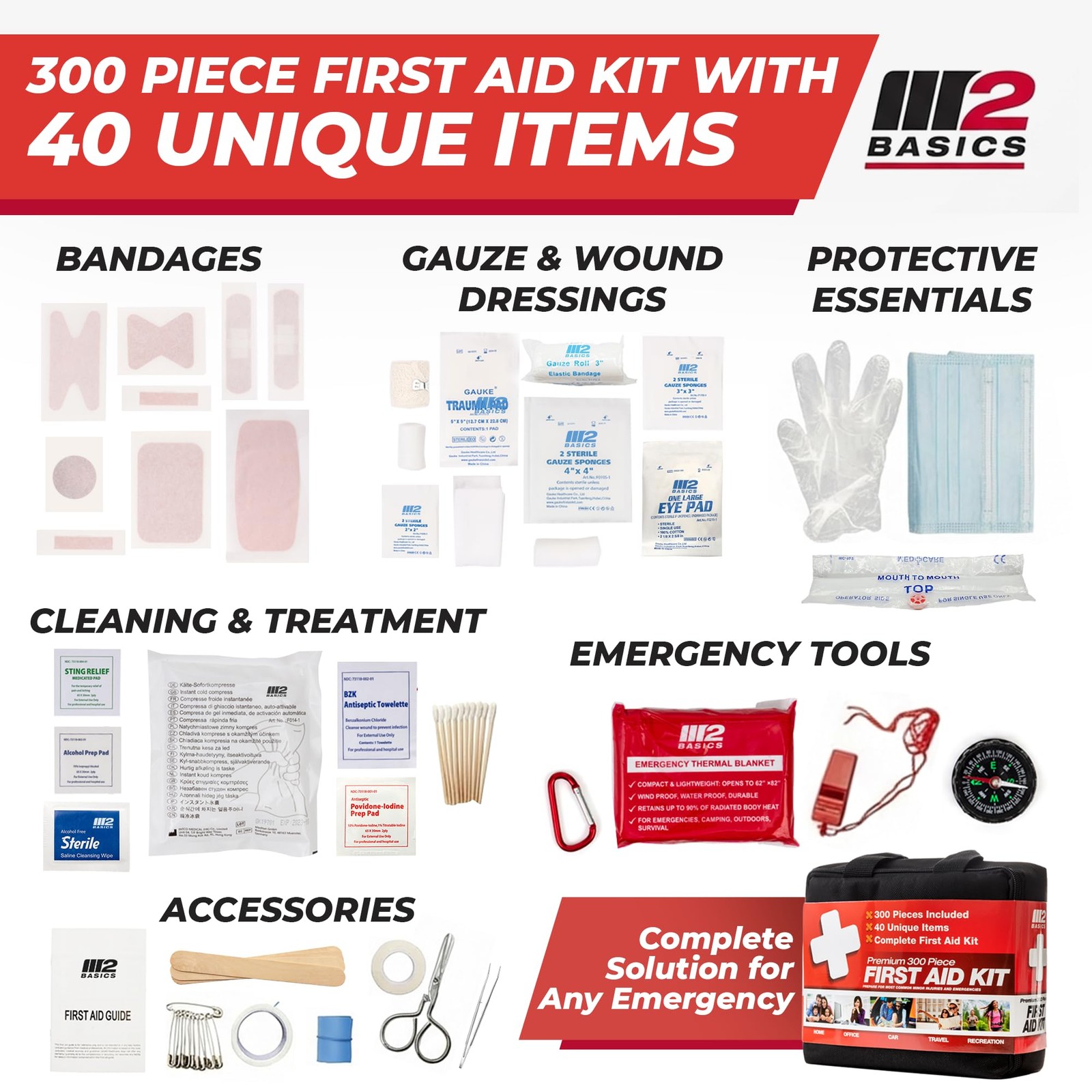 300 Piece Premium First Aid Kit w/Durable Bag for Home, Business