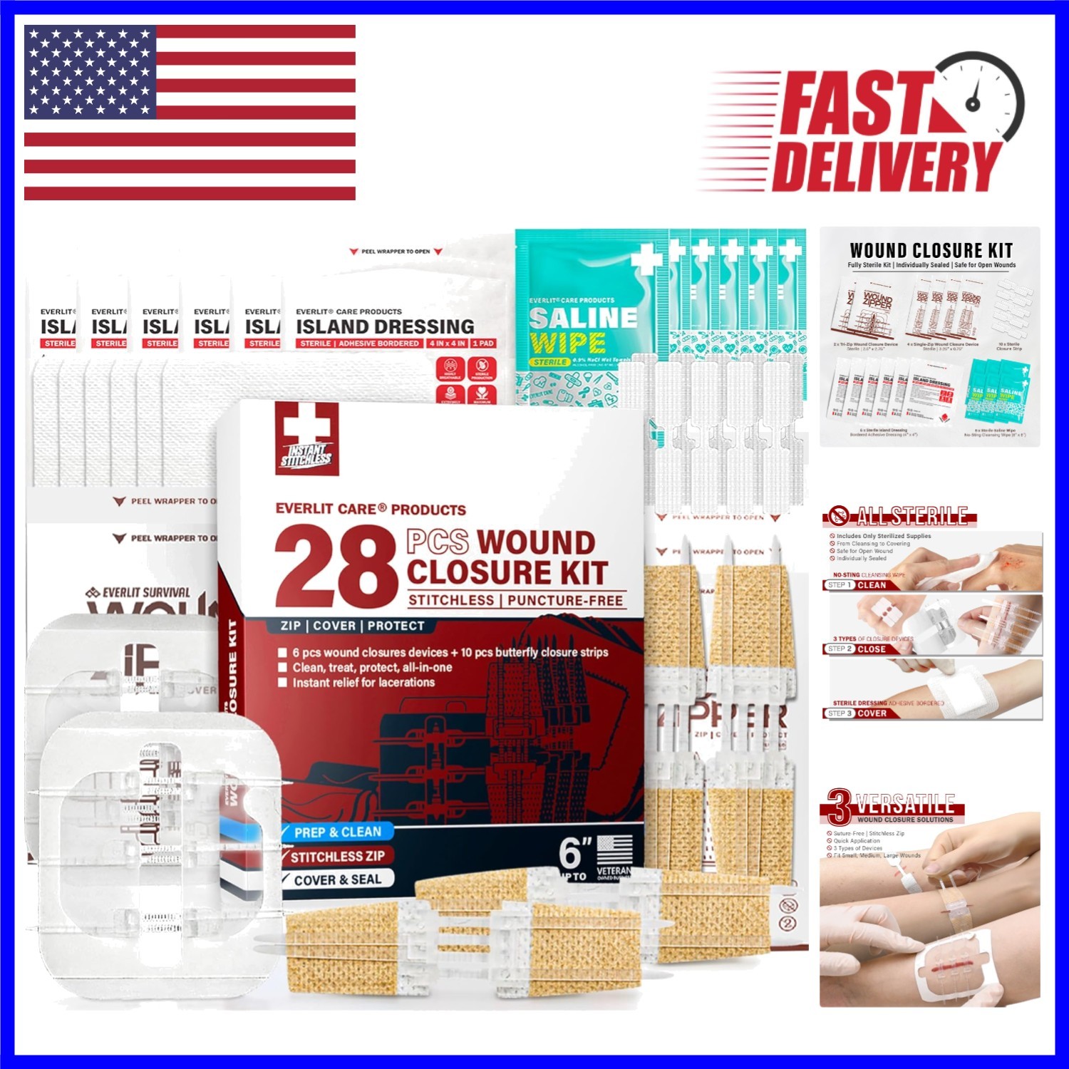 28-Piece Wound Closure Kit – Suture-Free, Waterproof & Sterile First Aid Ease