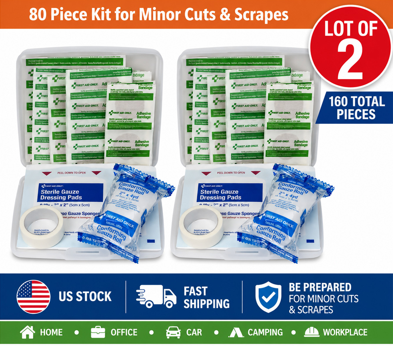 Lot 2 First Aid Only 80-Piece First Aid Kits for Minor Cuts & Scrapes Emergency
