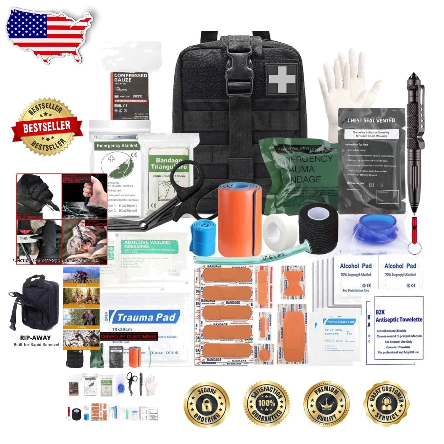 Professional IFAK Trauma Kit 74pc Upgrade First Aid Molle Bag Survival Camping
