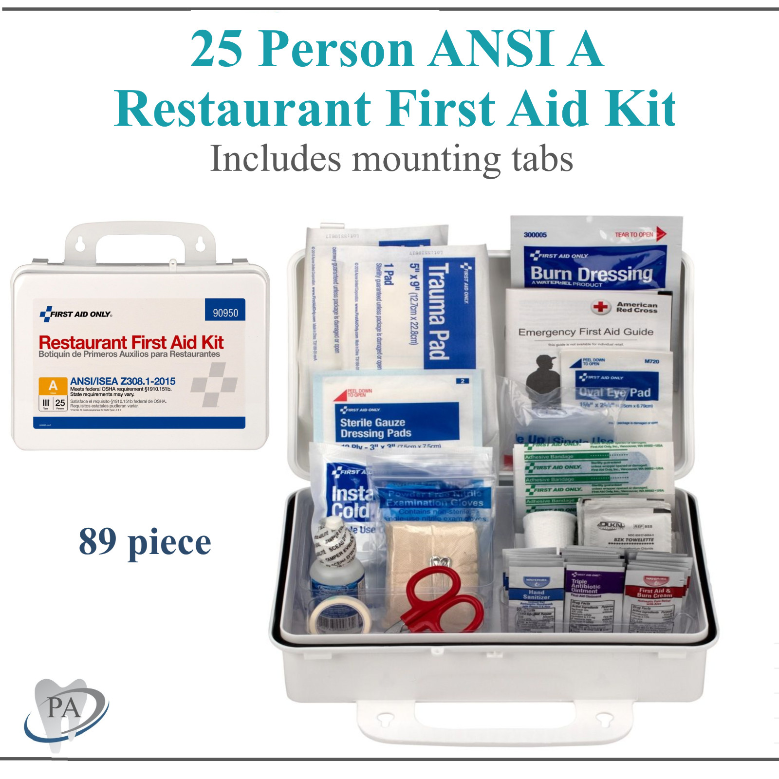 25 Person ANSI A Restaurant First Aid Kit, 89/Pcs Case Portable & Wall Mountable