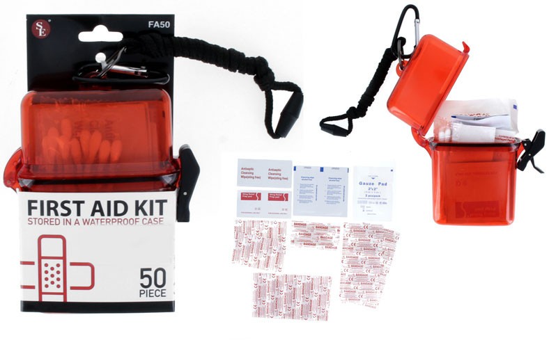 50Pc First Aid Kit Stored in a Waterproof Case W/5mm Carabineer (Red Clear) FA50