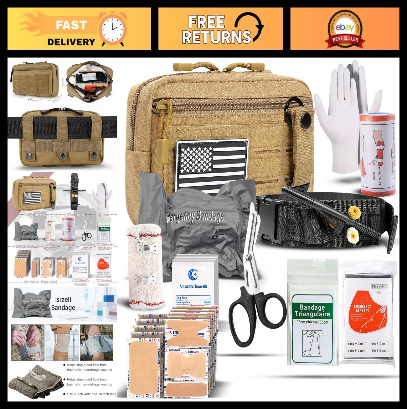 Tactical First Aid Kit – 34-Piece Trauma Kit with Tourniquet & Bandages for Car,