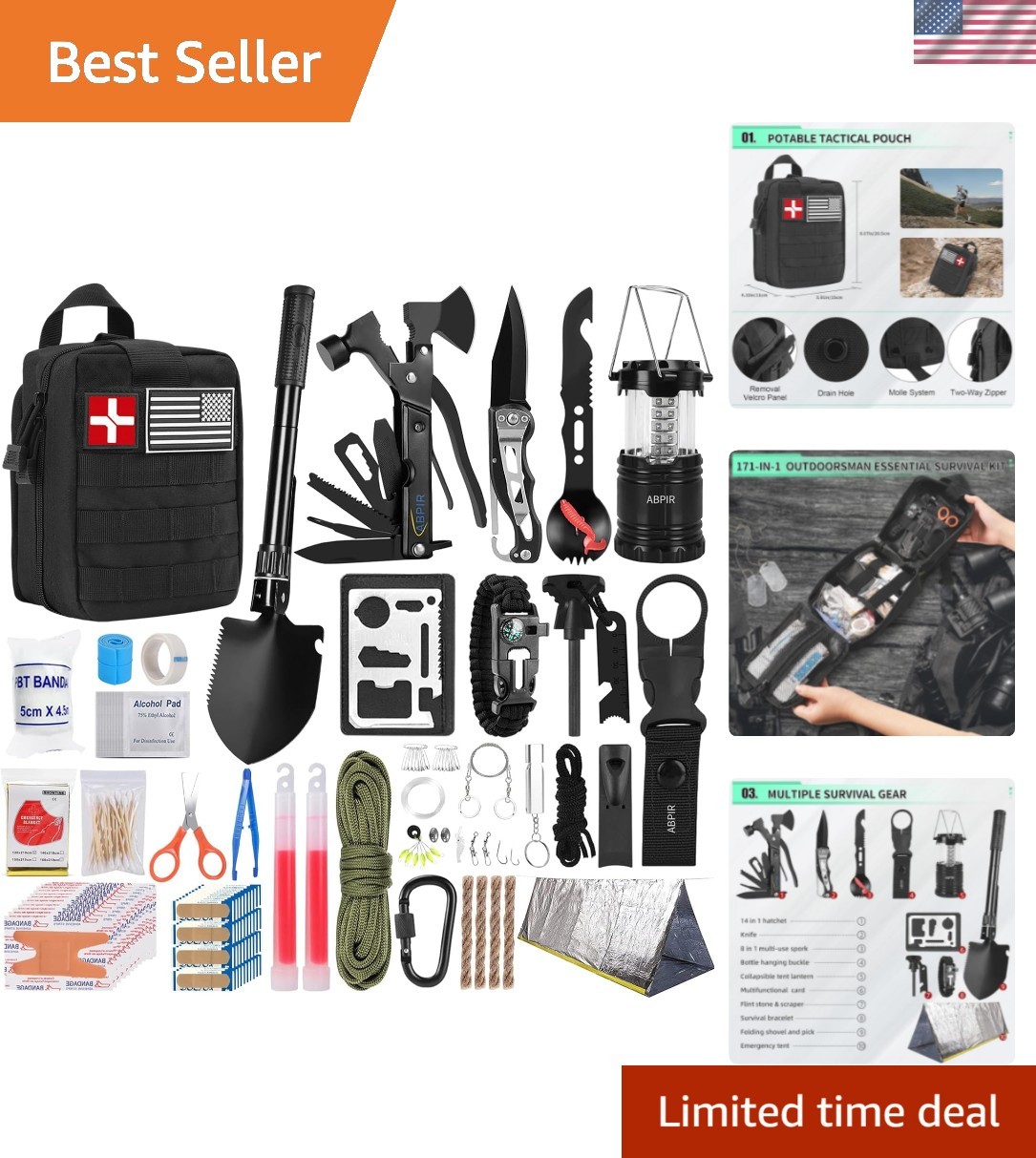 171PC Survival First Aid Kit with Emergency Gear & MOLLE Bag for Outdoors