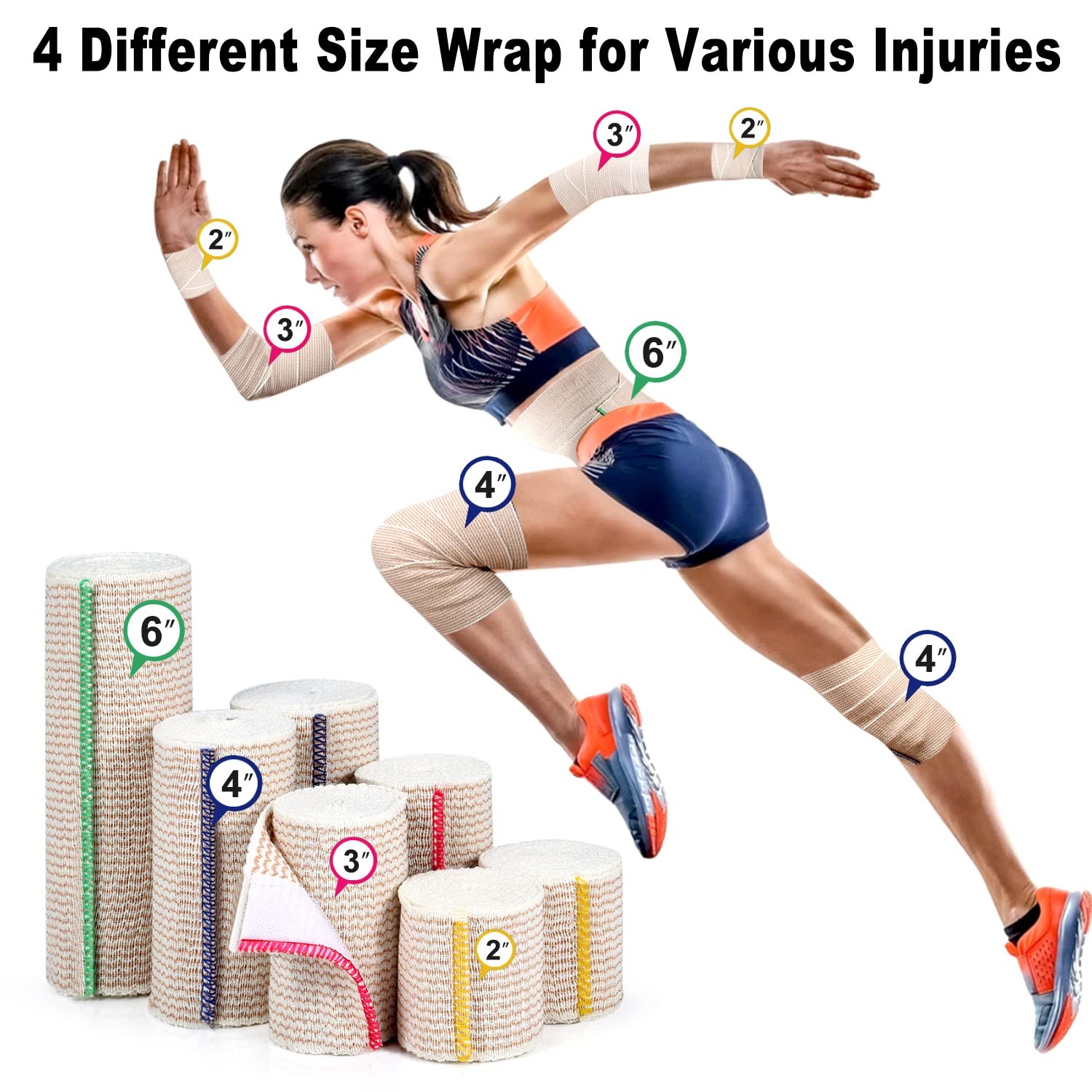 FRESINIDER Premium Elastic Bandage Wrap, 6 Pack 4" 4 Inch Wide, 6 X 4 Inches