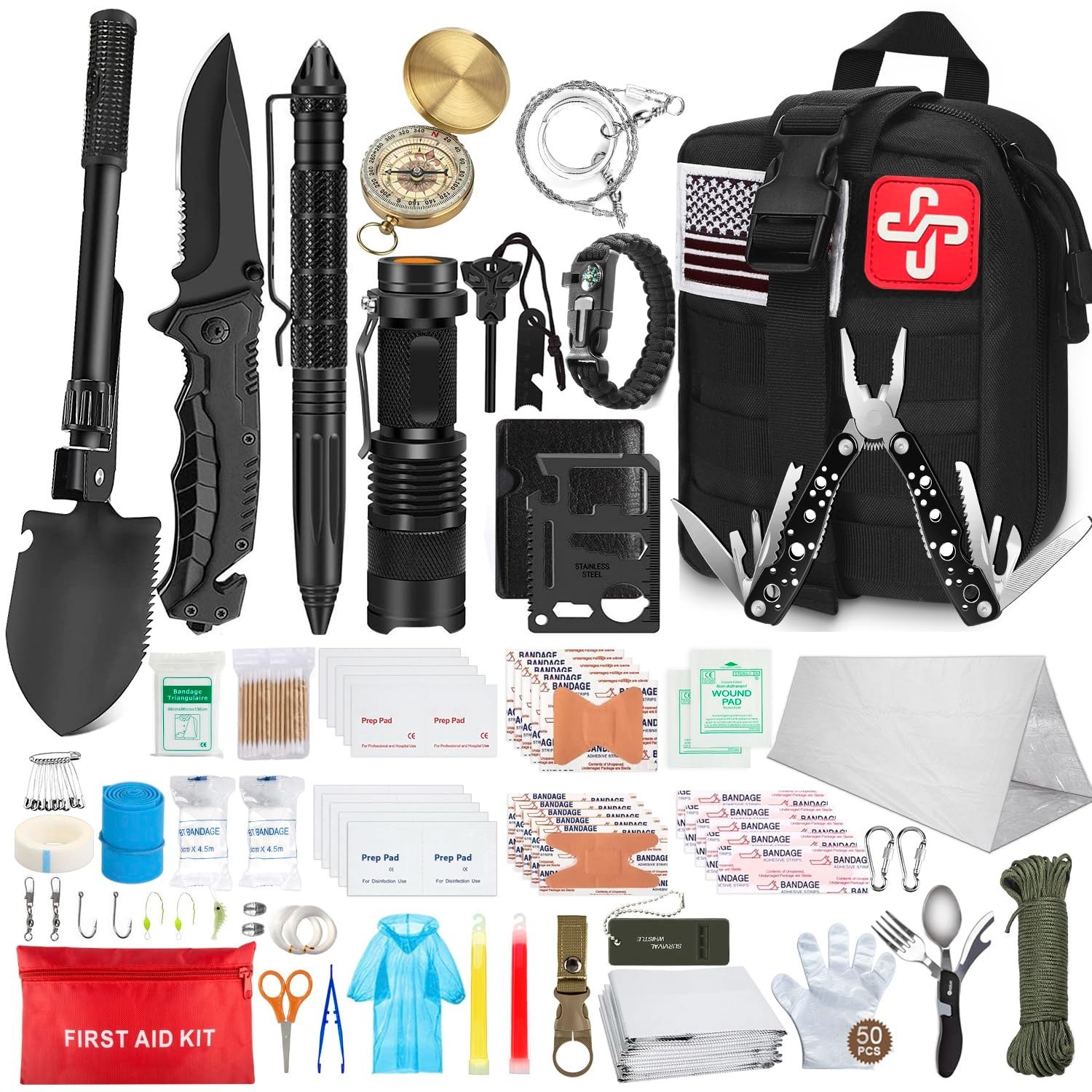238Pcs Emergency Survival & First Aid Kit, Tactical Gear with Molle Pouch & Tent