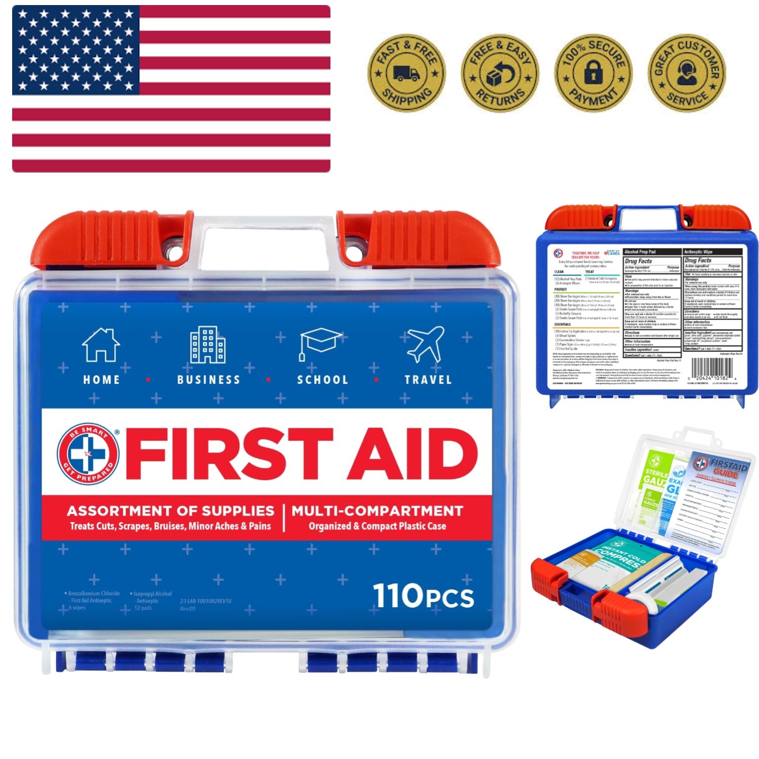 110 pc First Aid Kit: Clean, Treat, Protect Minor Cuts, Home, Office, Car, Sc…