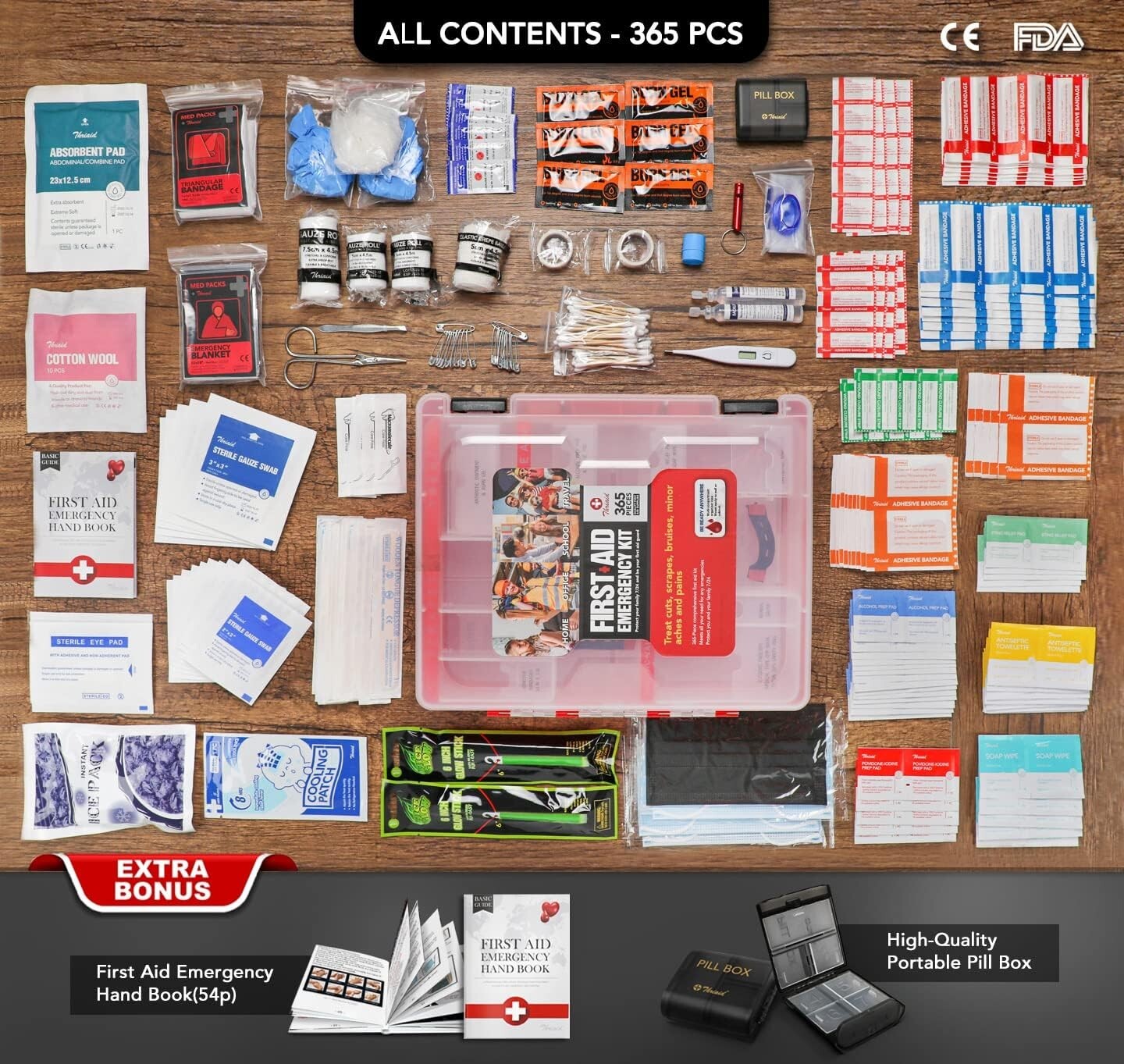 365 Pieces First Aid Kit, Durable Hard Case, for Home, Office, Car, Travel