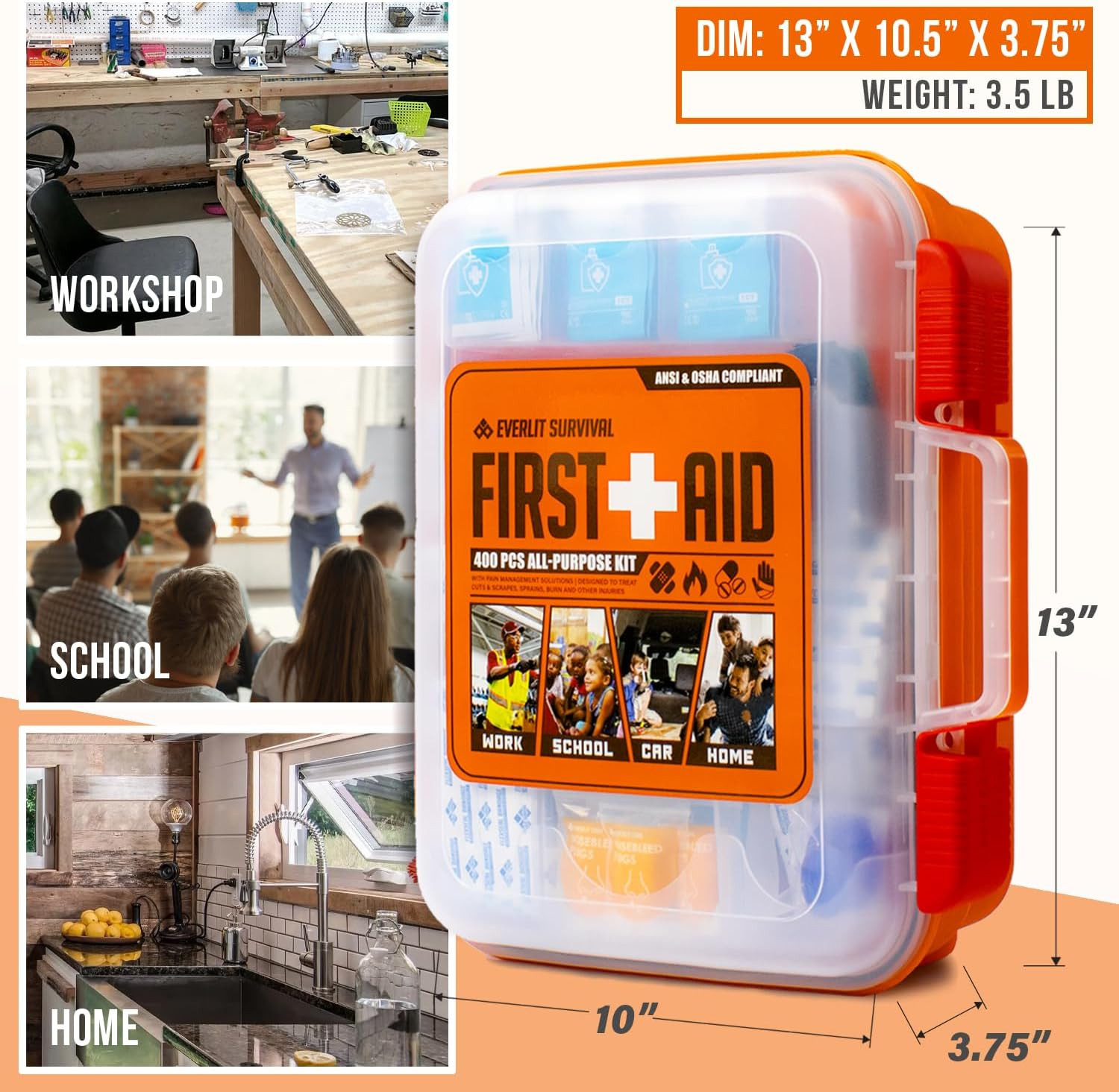 EVERLIT 400 Pcs OSHA Compliant First Aid Kit, Wall-Mountable Essential Emergency