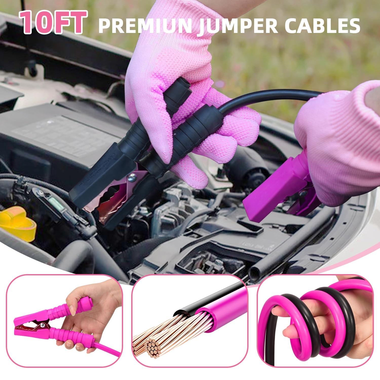 VEIYIE Roadside Emergency Car Kit for Essential + Repair Tool Set, Pink