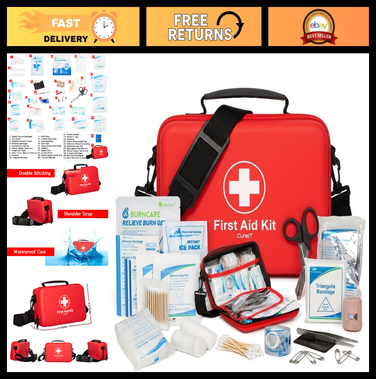 Waterproof Travel First Aid Kit with Shoulder Straps – Home, Car & On-The-Go Eme