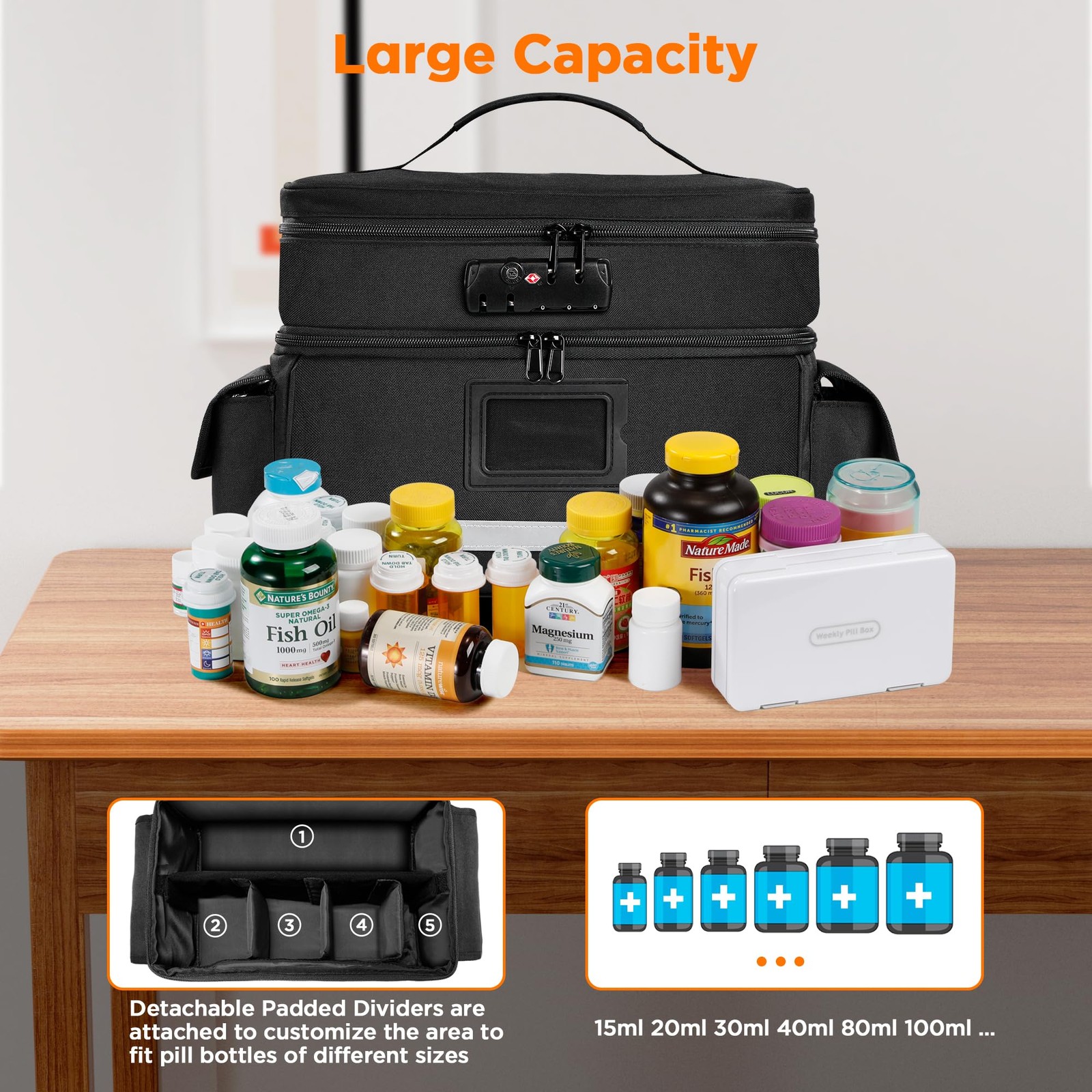 Medicine Storage Bag with Combination Lock, Double Layers Pill Bottle Organiz…