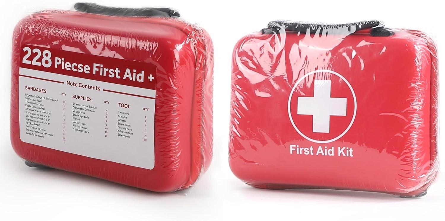 228-Piece First Aid Kit – Lightweight, Shockproof Design in Red EVA Bag