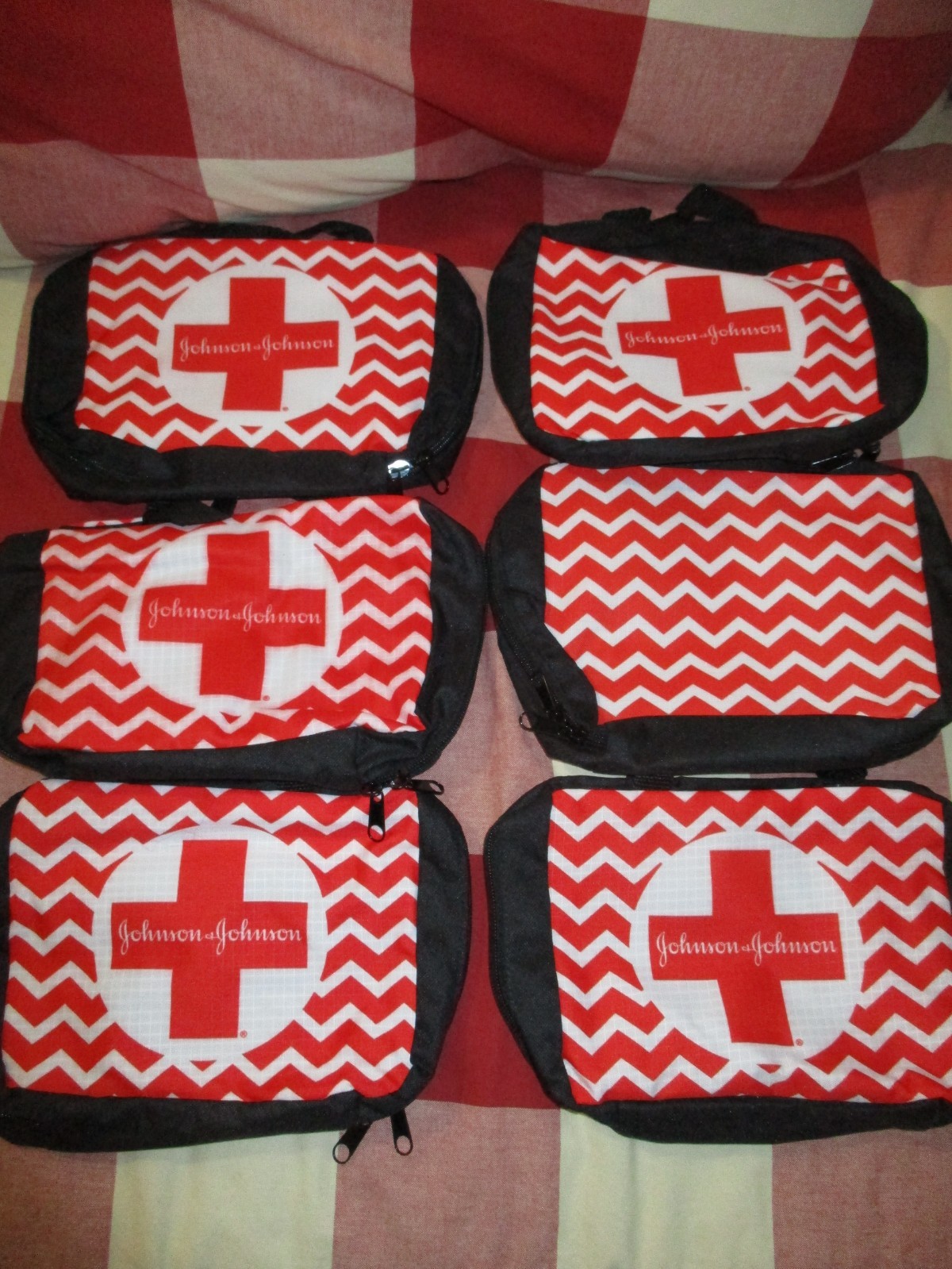 6 First Aid Kit Empty Zippered Bag Red Black Soft Side Johnson & Johnson Pouch