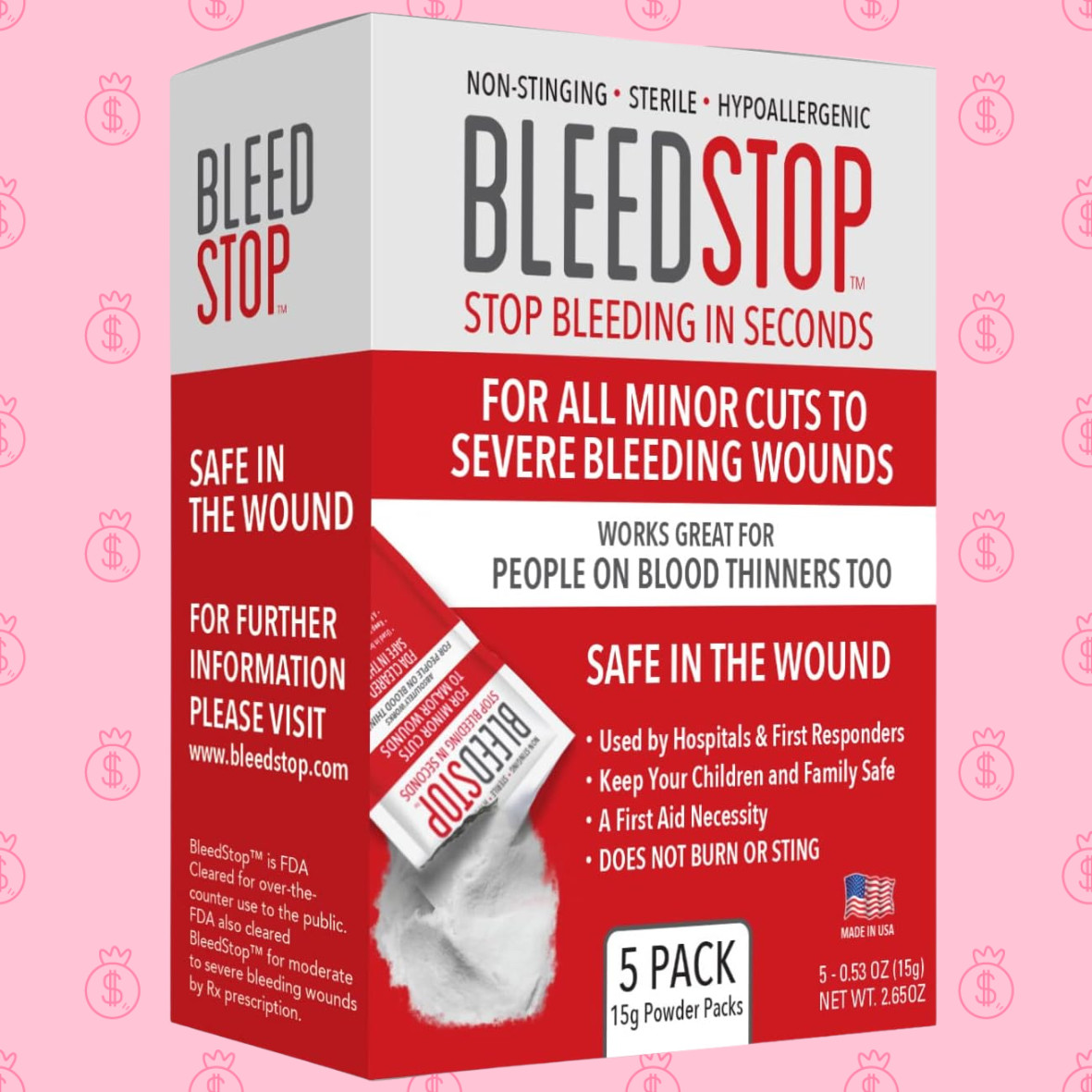 BleedStop™ First Aid Powder for Blood Clotting, Trauma Kit – 5 PK (15g) Pouches