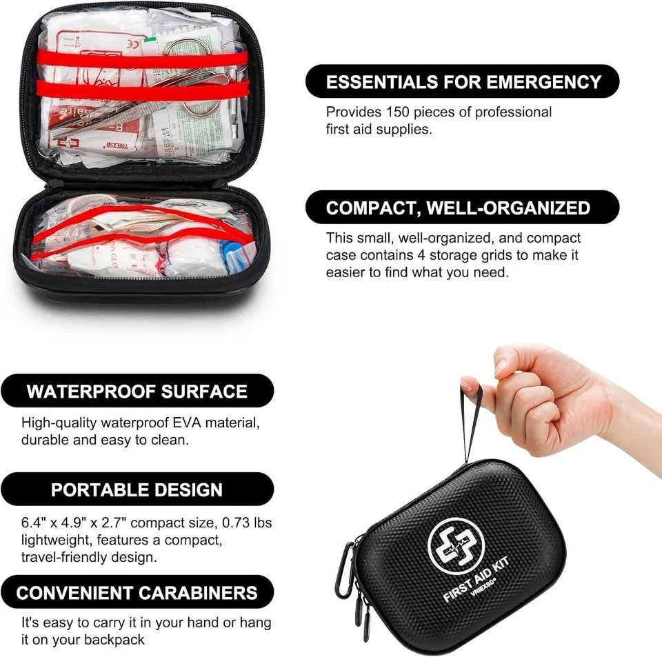 Vriexsd Mini First Aid Kit 150 Piece Waterproof Hard Shell Medical Emergency Kit