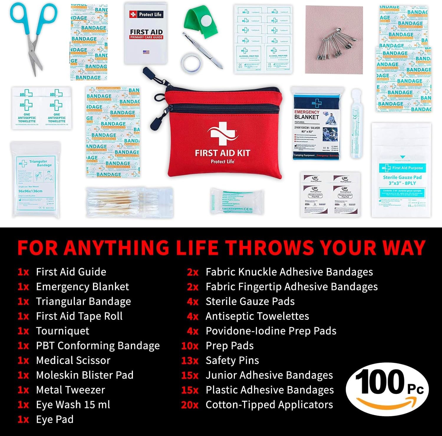 Protect Life First Aid Kit, Travel First Aid Kit for Car, 100 Piece Compact Emer
