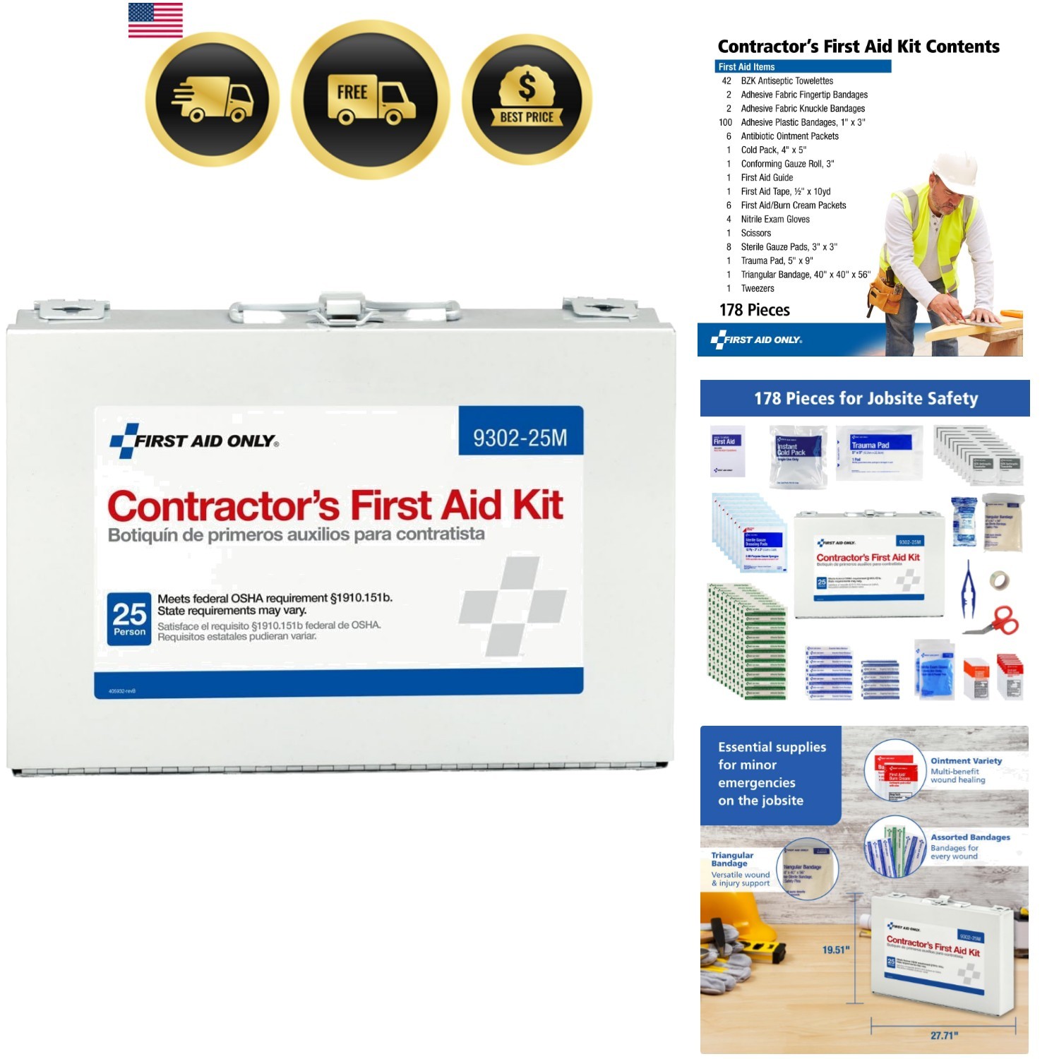 First Aid Kit 178 Pieces Emergency Supplies for Construction Home Office