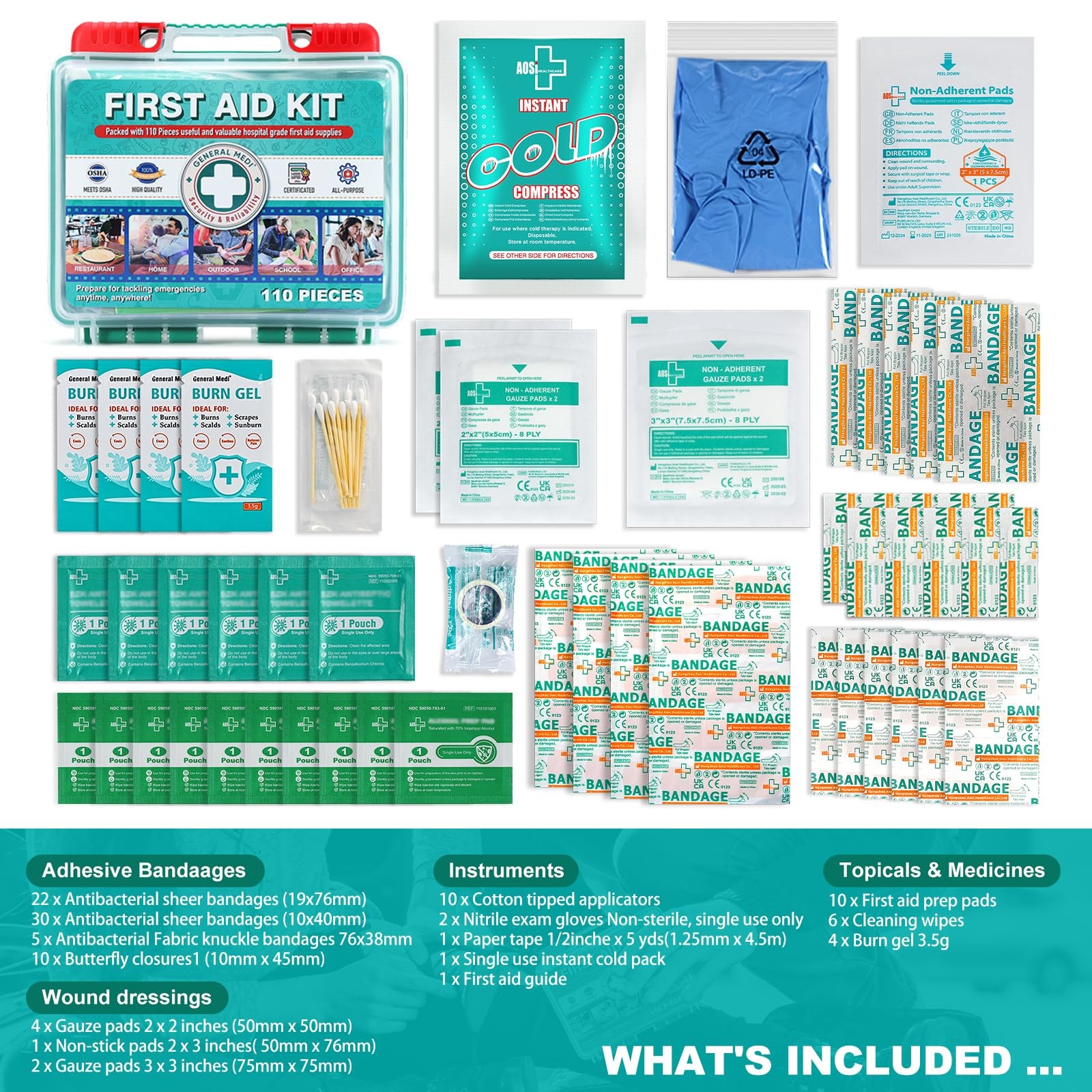 110 Pieces Small First Aid Kit HardCase First Aid Box Contains Premium Medi…