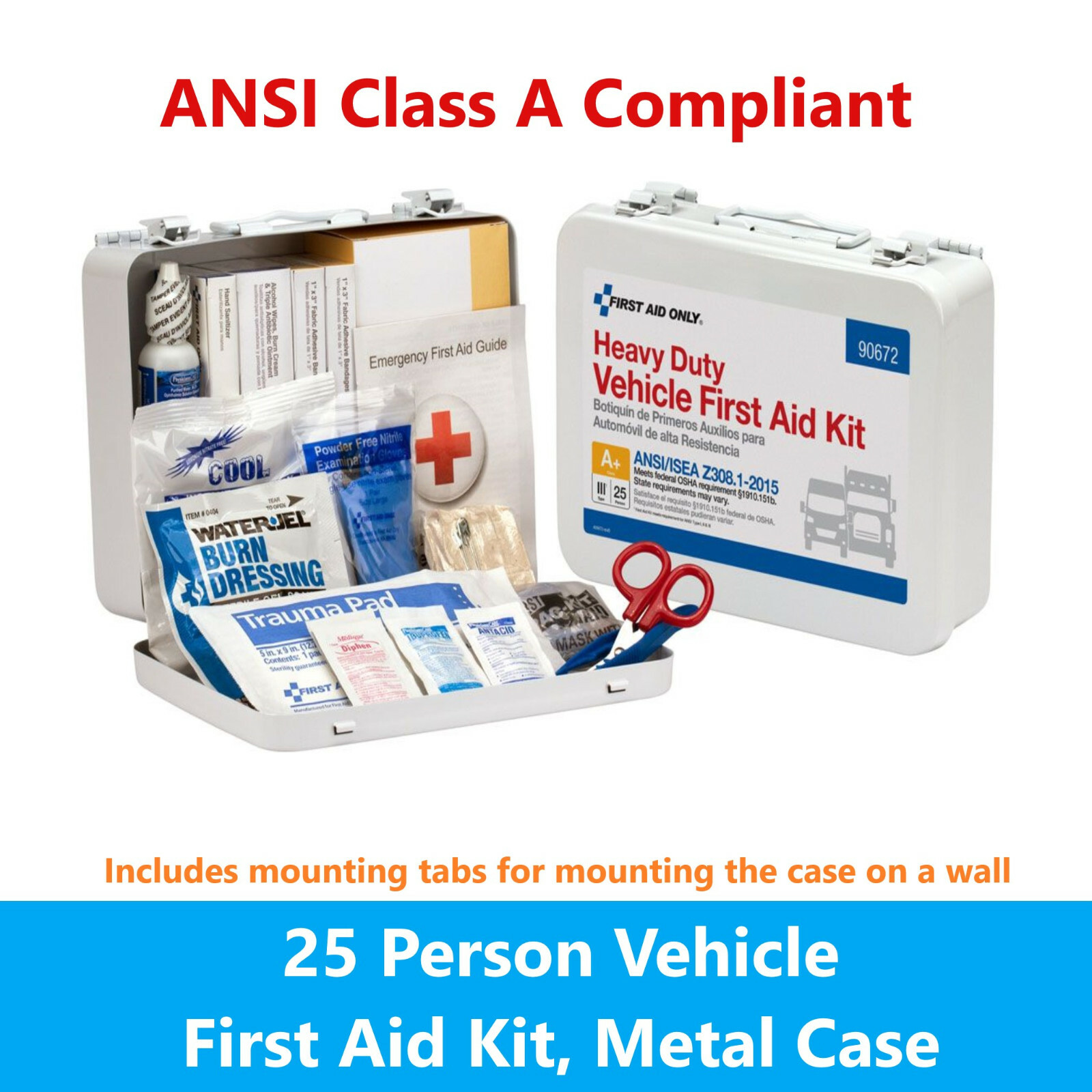 First Aid Kit – 25 Person Vehicle First Aid Kit, Metal Weatherproof Case, ANSI