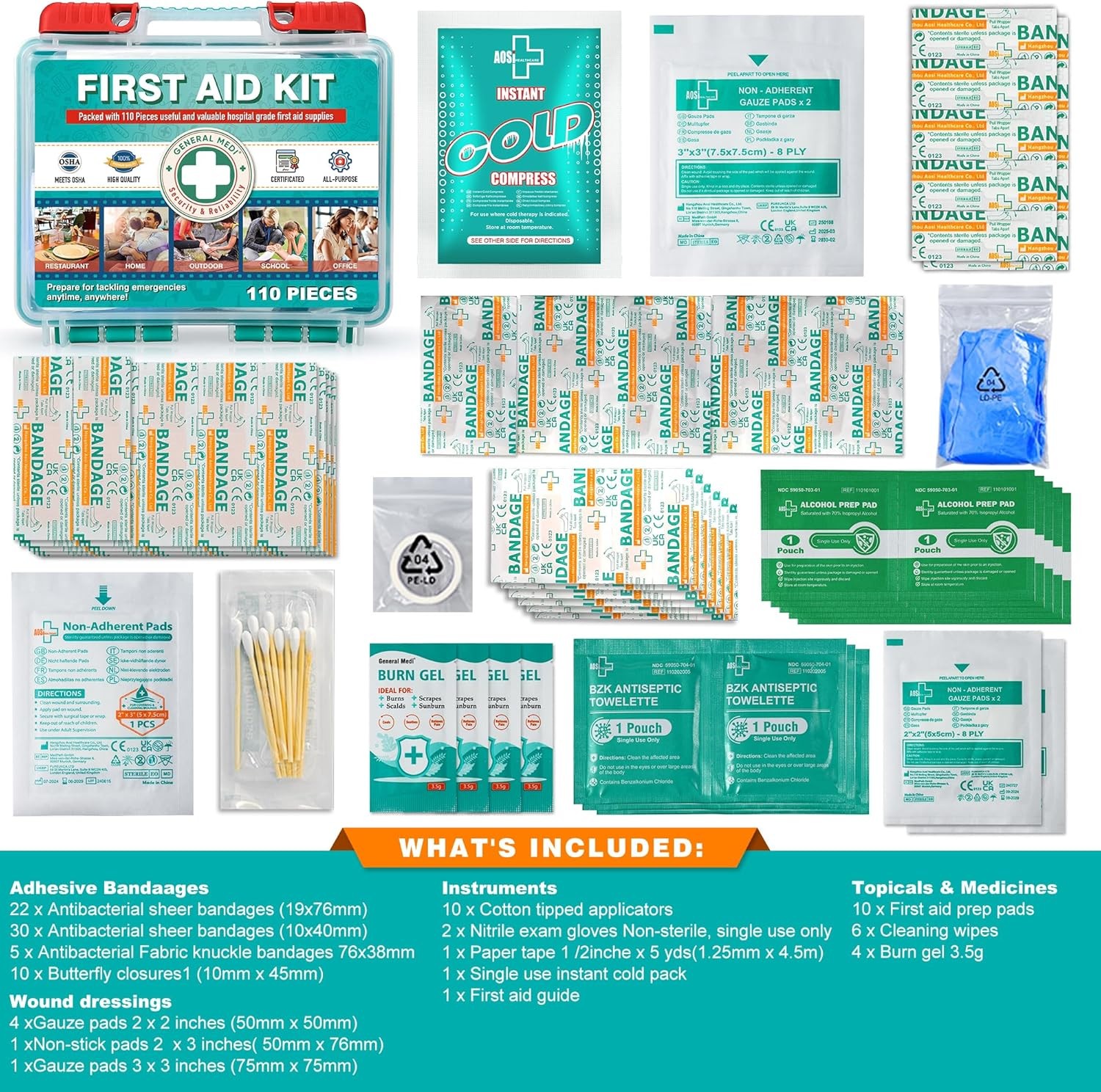 Emergency First Aid Kit 110 Pieces Hard Case Outdoor Ready for Travel, Vehicle