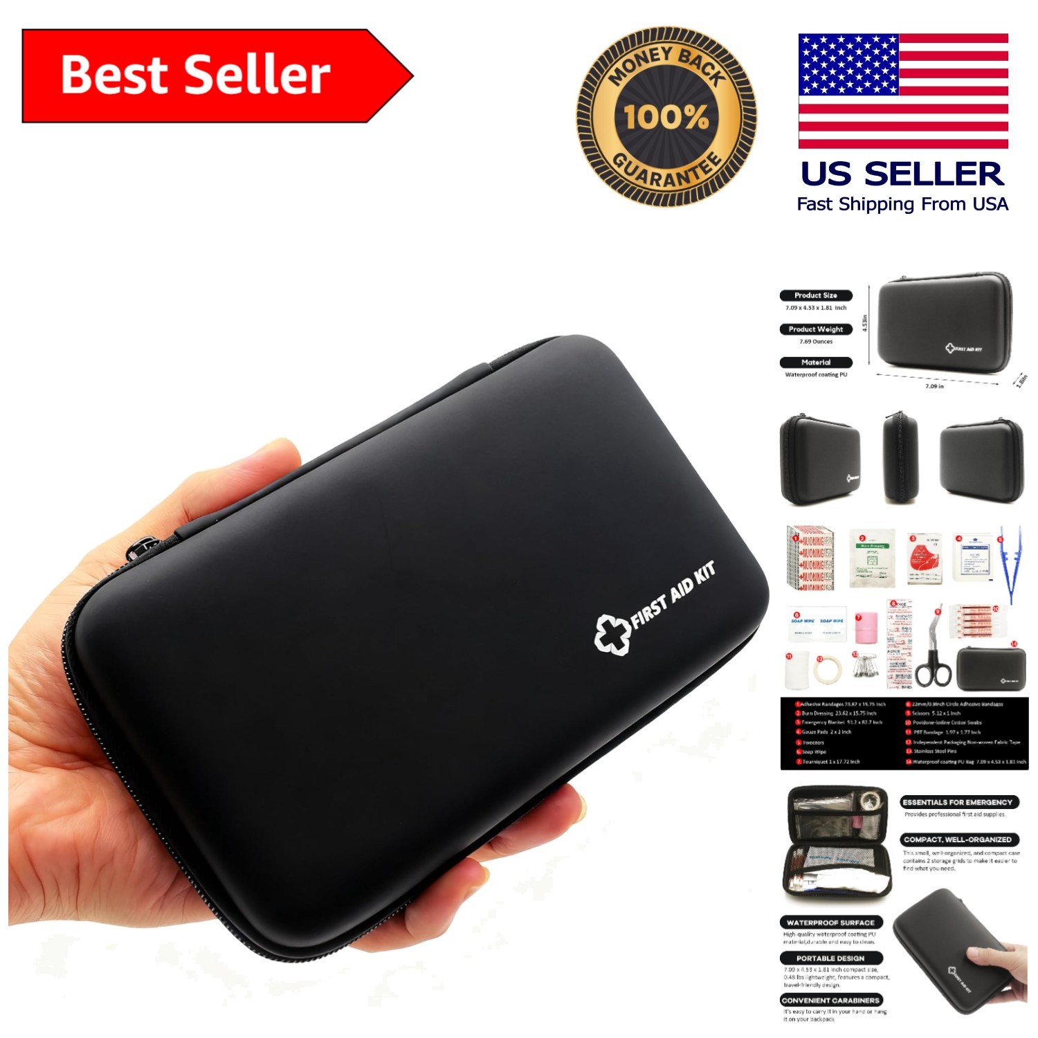Black Professional First Aid Kit – Essential Supplies for Home and Travel Safety