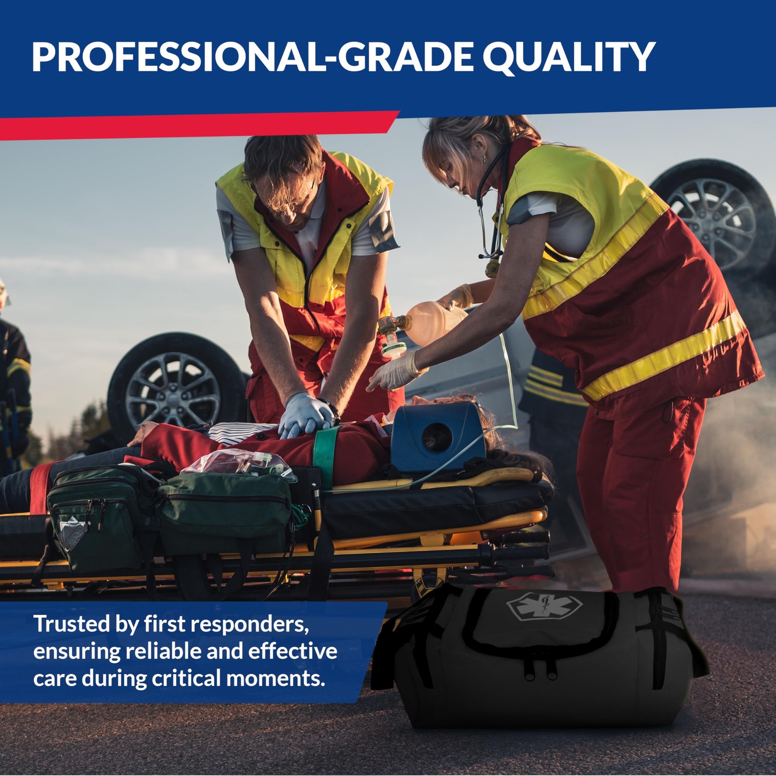Fully Stocked Trauma First Aid Kit – First Responder II Bag with Tools, Gauze…
