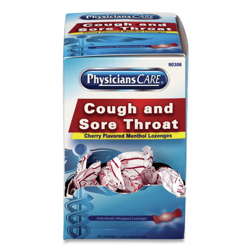 PhysiciansCare 90306 Cough and Sore Throat Lozenges – Cherry Menthol (50/BX) New