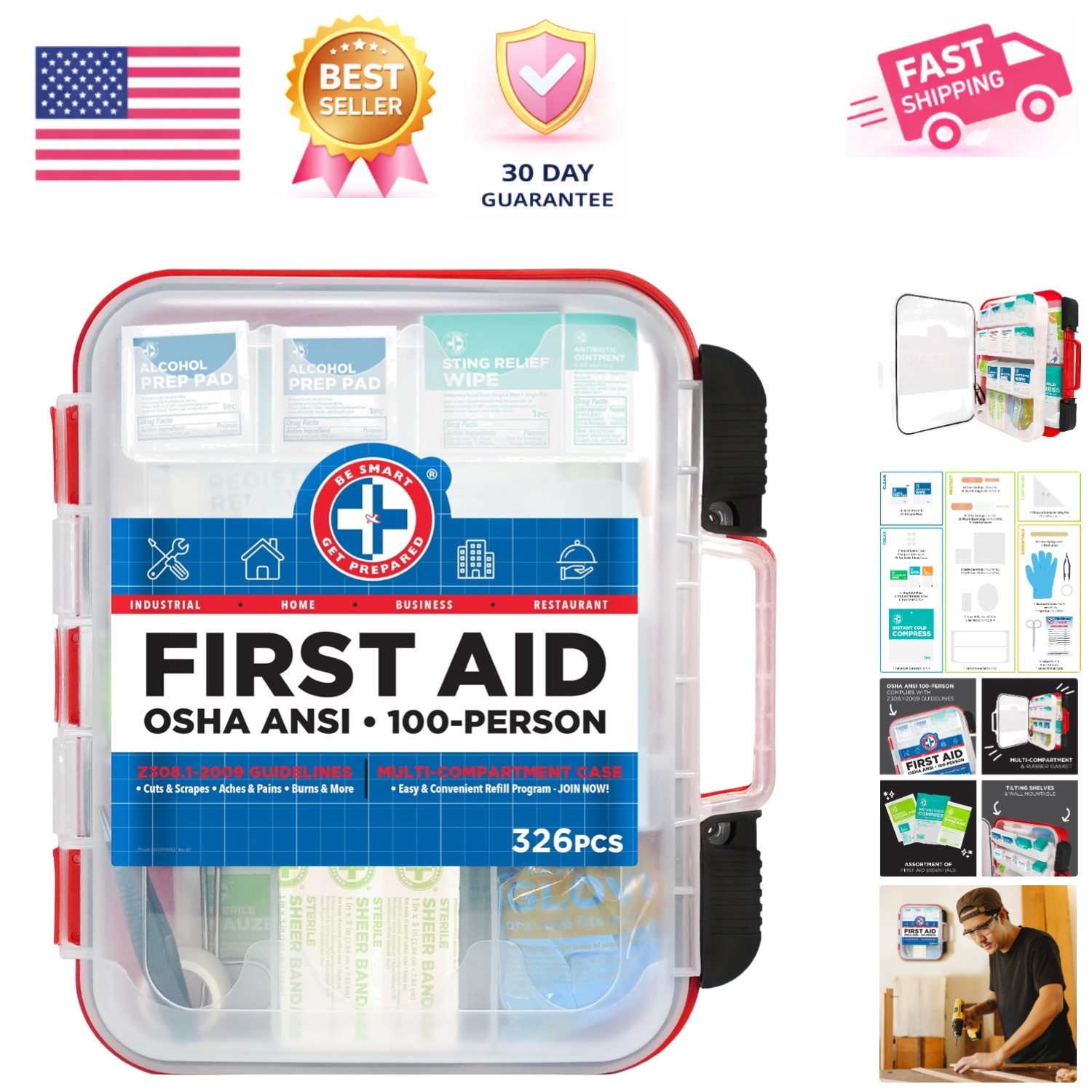 Portable 326 Piece First Aid Kit with Hard Red Case – Ideal for Office & Home