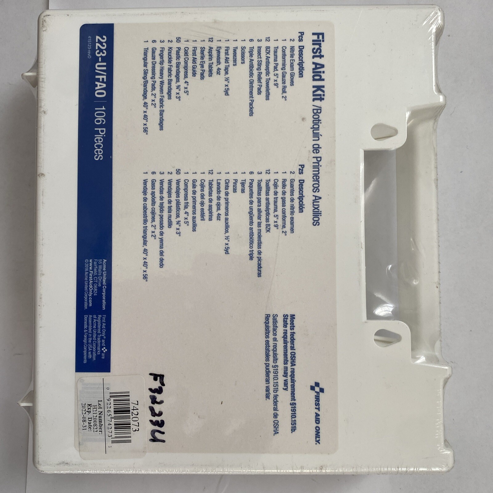 First Aid Kit 106pcs For 25 Person , 223-U/FAO , Sealed by Plastic